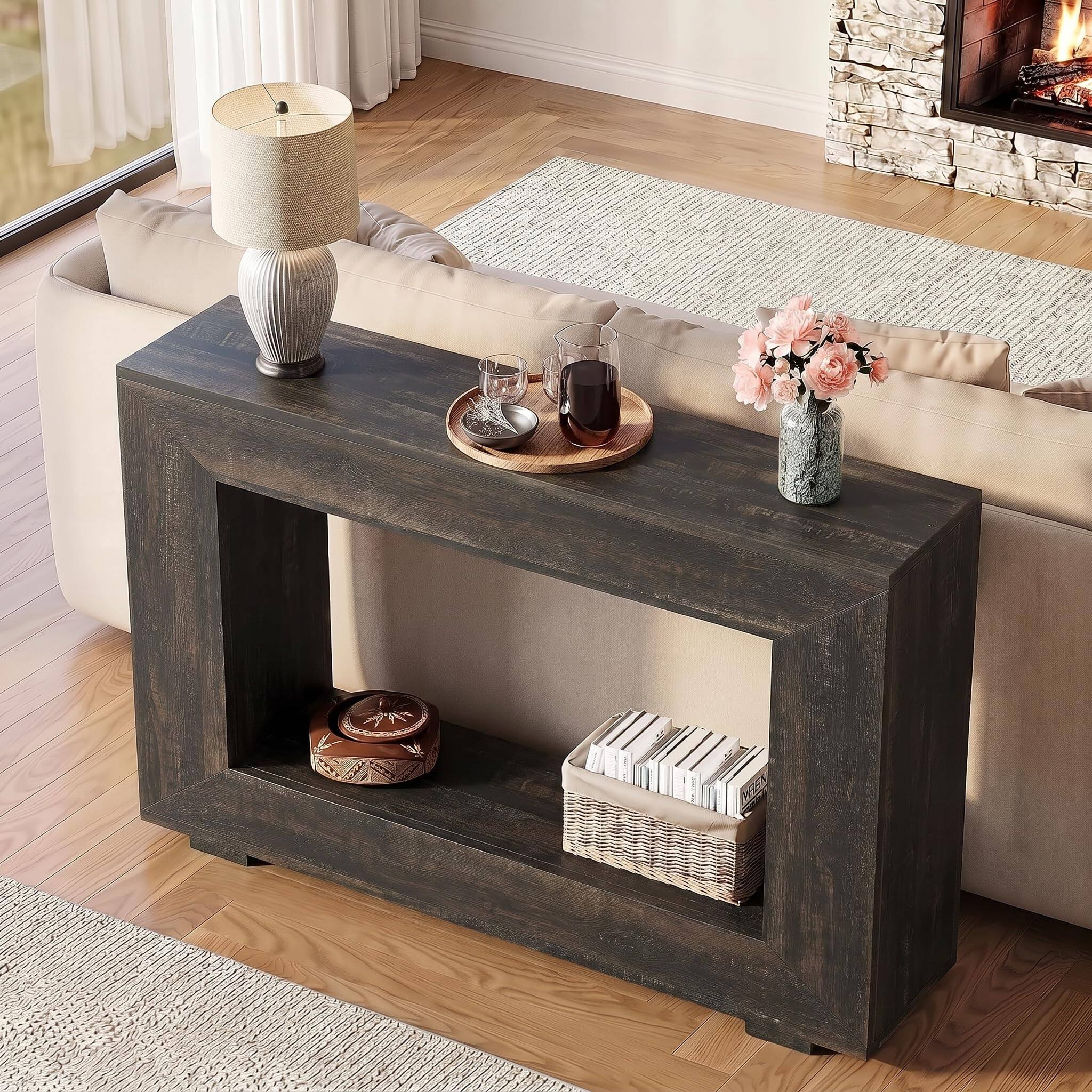 Alt View 3. Tribesigns - 47.2" Rectangular Console Table with 2-Tier Storage, Narrow Entryway Table for Hallway, Foyer Table Behind Couch for Liv - Black.