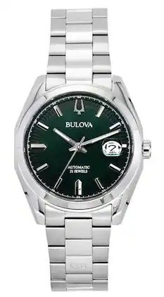 Bulova - Surveyor Automatic 21 Jewels 96B429 Mens Watch Stainless Steel Green Dial - Silver