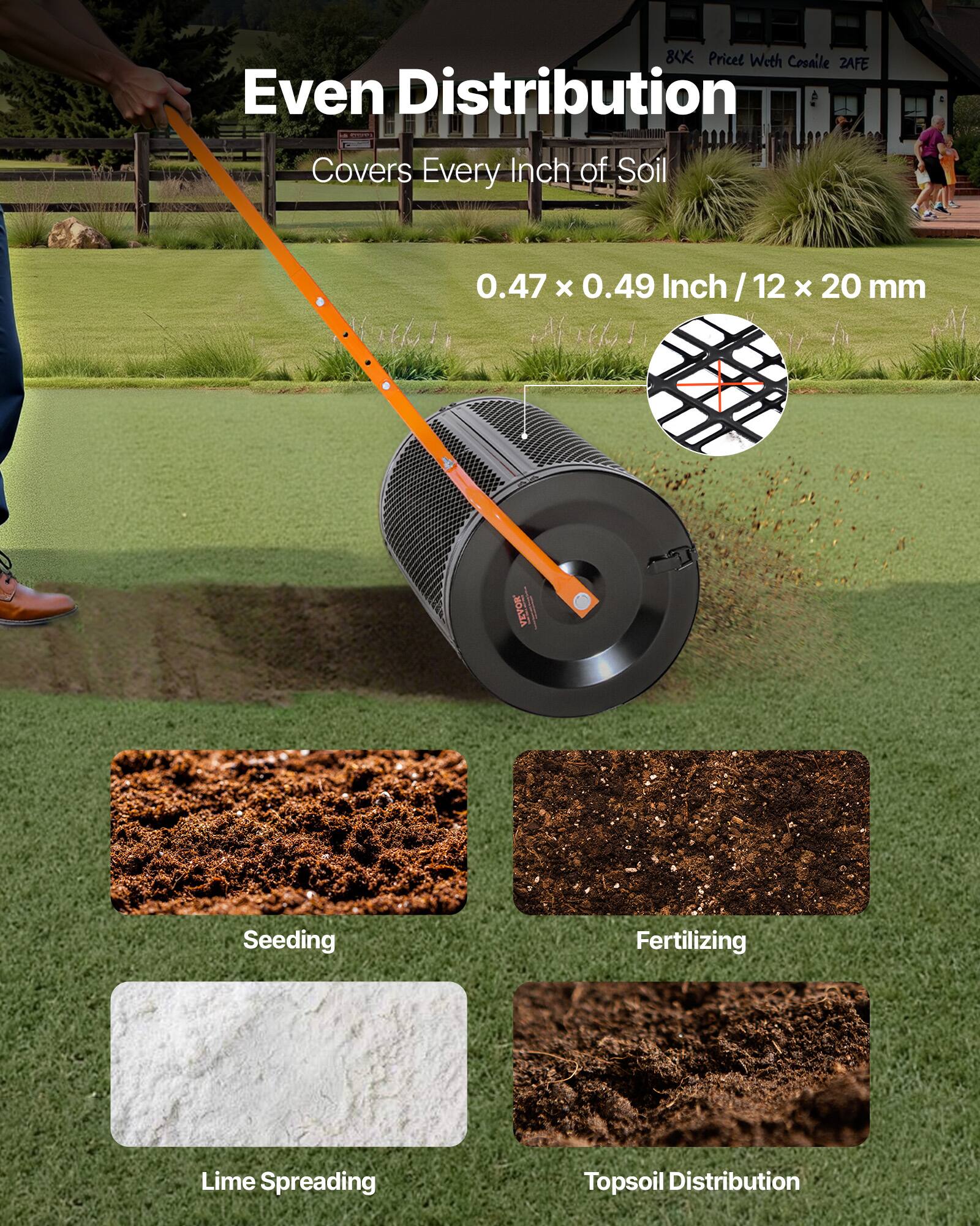 8X Pricel With Cosaille ZAFE  
Even Distribution  
Covers Every Inch of Soil  
0.47 x 0.49 Inch / 12 x 20 mm  

Seeding  
Fertilizing  
Lime Spreading  
Topsoil Distribution