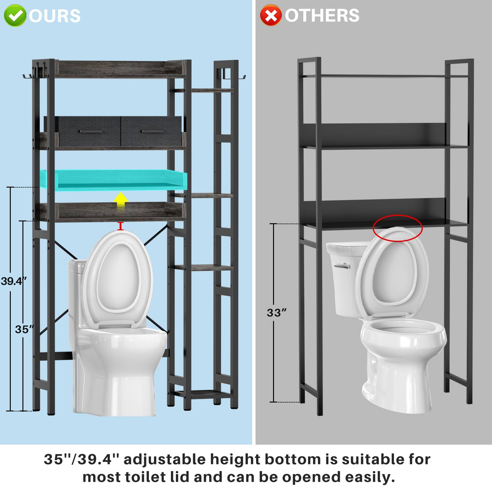 OURS x OTHERS  
39.4" 35" 33" 35"/39.4" adjustable height bottom is suitable for most toilet lid and can be opened easily.