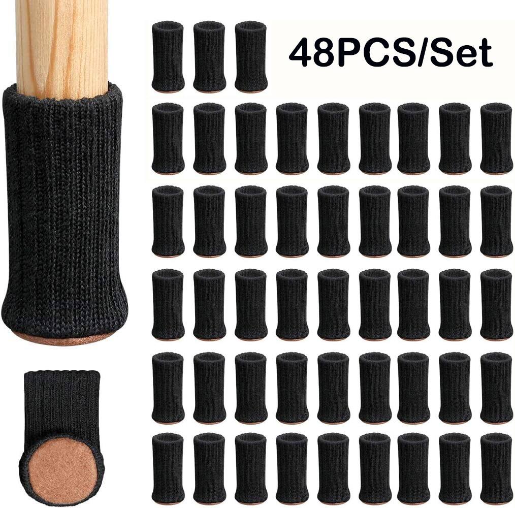 Front. Auledio - 48 pcs Thickened Chair Leg Socks, Chair Leg Knitting Covers, Non-slip Furniture Table Foot Covers, Floor Protector - Black.