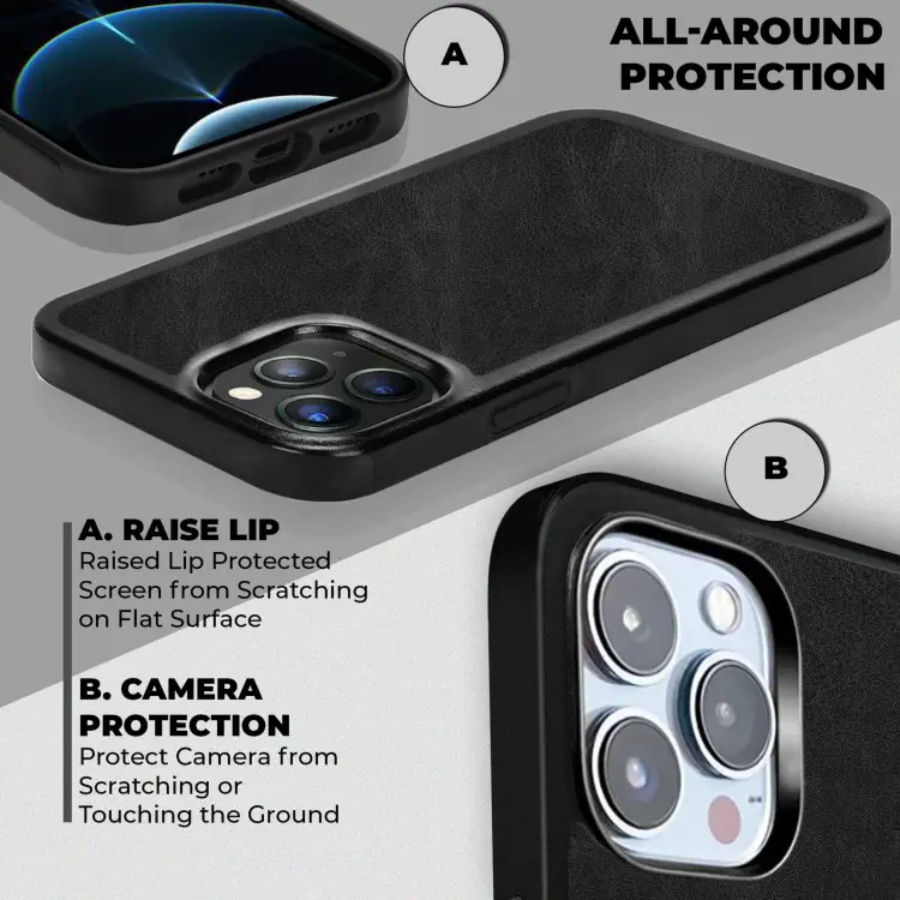 ALL-AROUND PROTECTION

A. RAISE LIP  
Raised Lip Protected Screen from Scratching on Flat Surface

B. CAMERA PROTECTION  
Protect Camera from Scratching or Touching the Ground