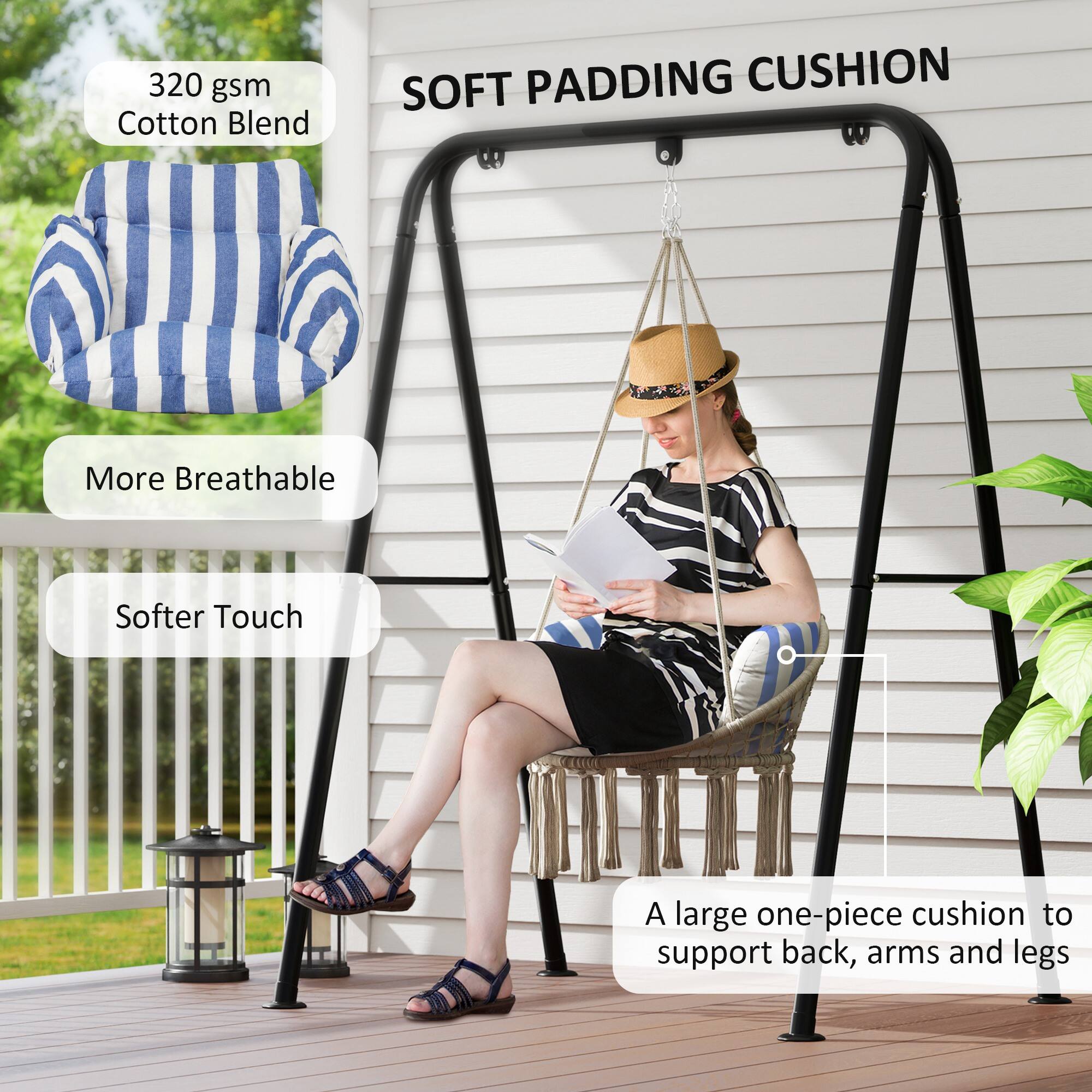 320 gsm Cotton Blend, More Breathable, Softer Touch, A large one-piece cushion to support back, arms and legs