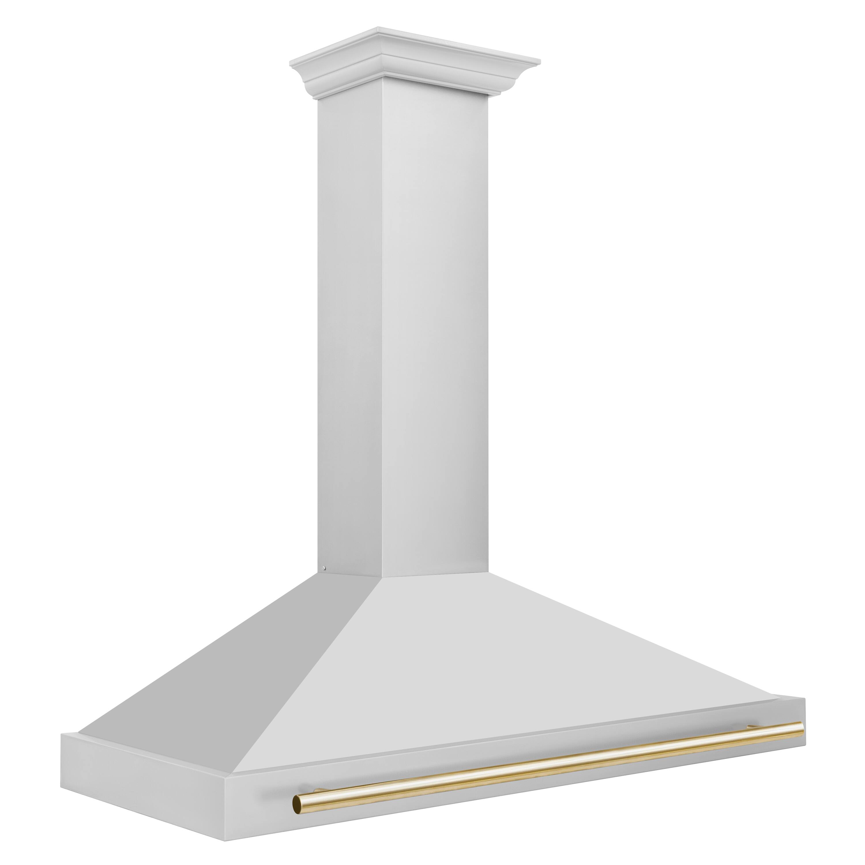 Left. ZLINE - 48 in. Autograph Edition Convertible Stainless Steel Range Hood with Stainless Steel Shell and Polished Gold Accents - Stainless steel.