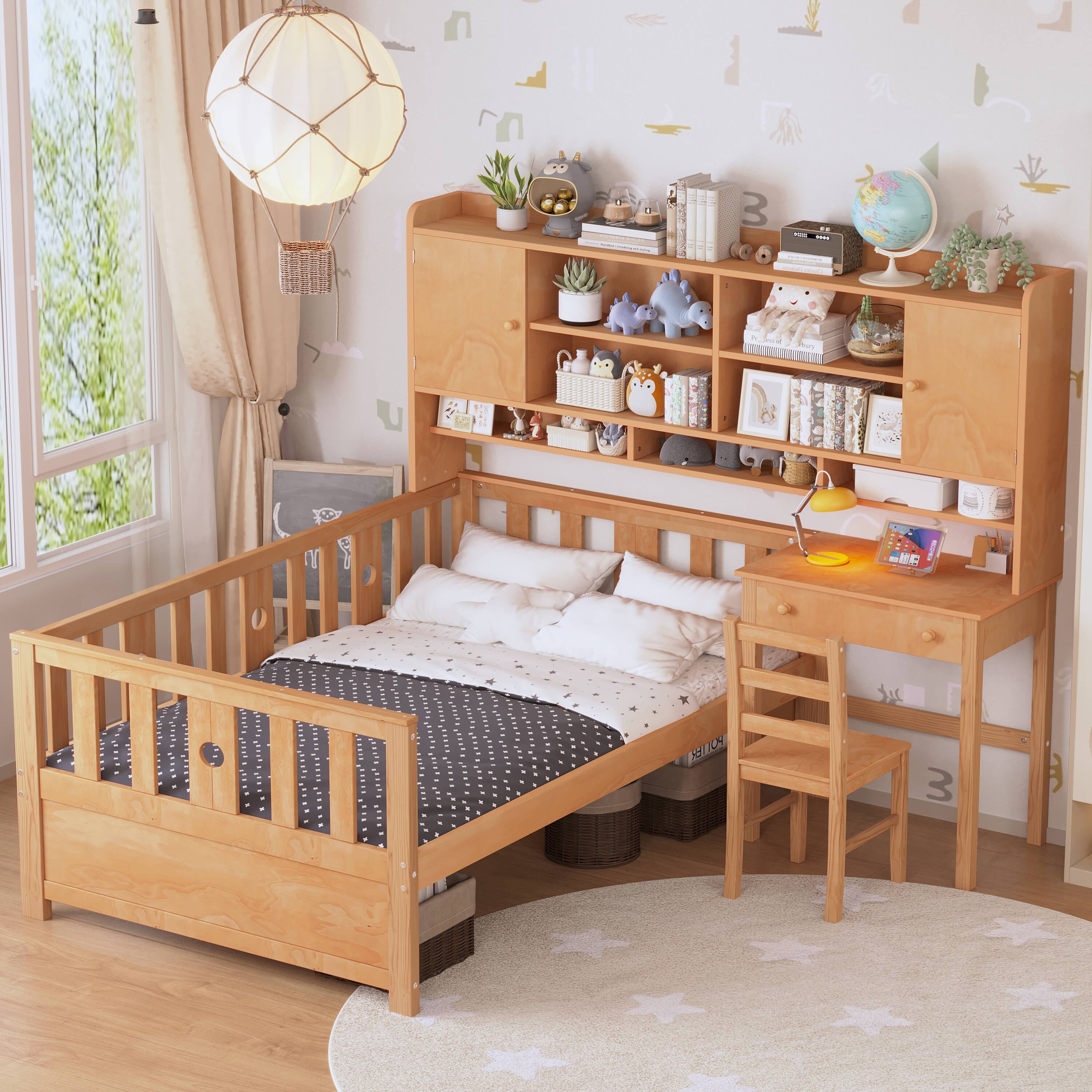 Front. APRILSOUL - Twin Size Multifunctional Wood Platform Bed with Bookshelf Built-in Desk and Matching Chair Natural - Natural.