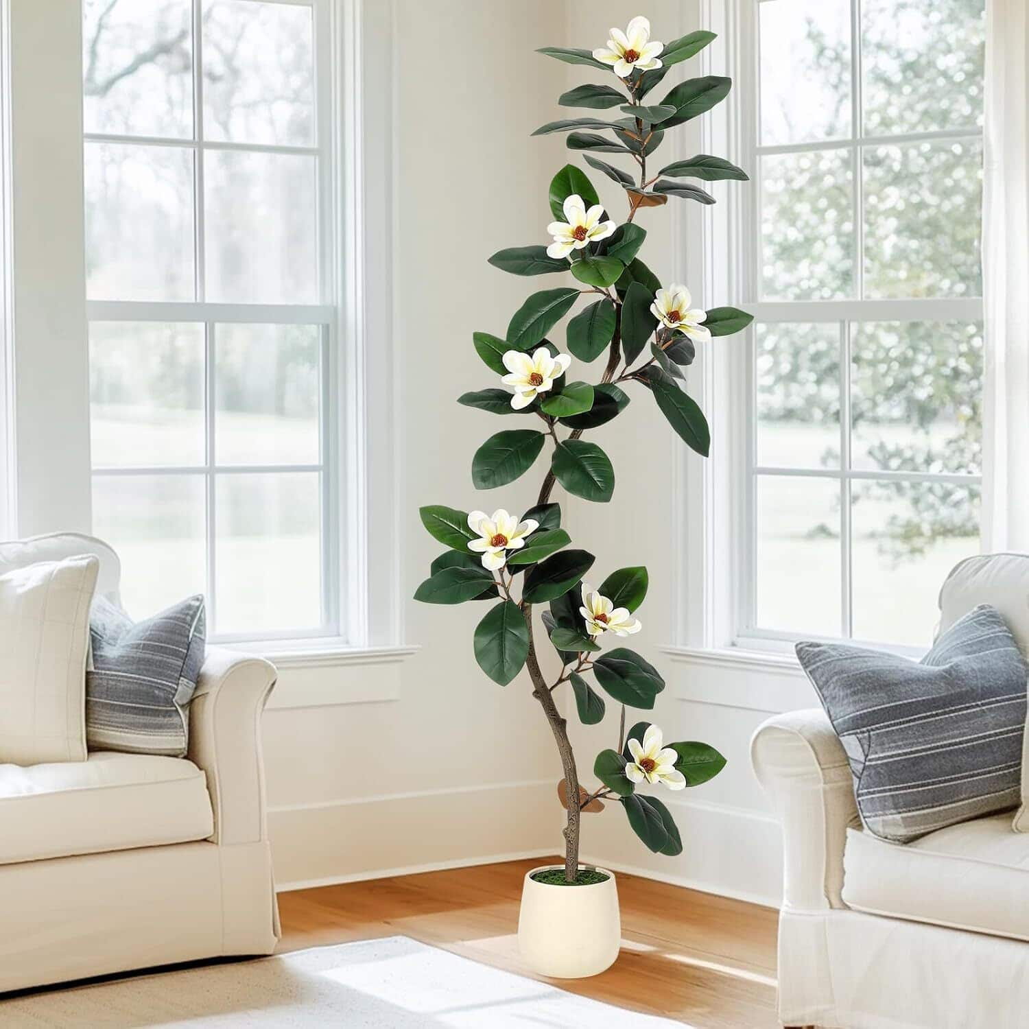 Acekool - 6 FT Artificial Faux Rubber Tree with Magnolia Flowers for Home Decor