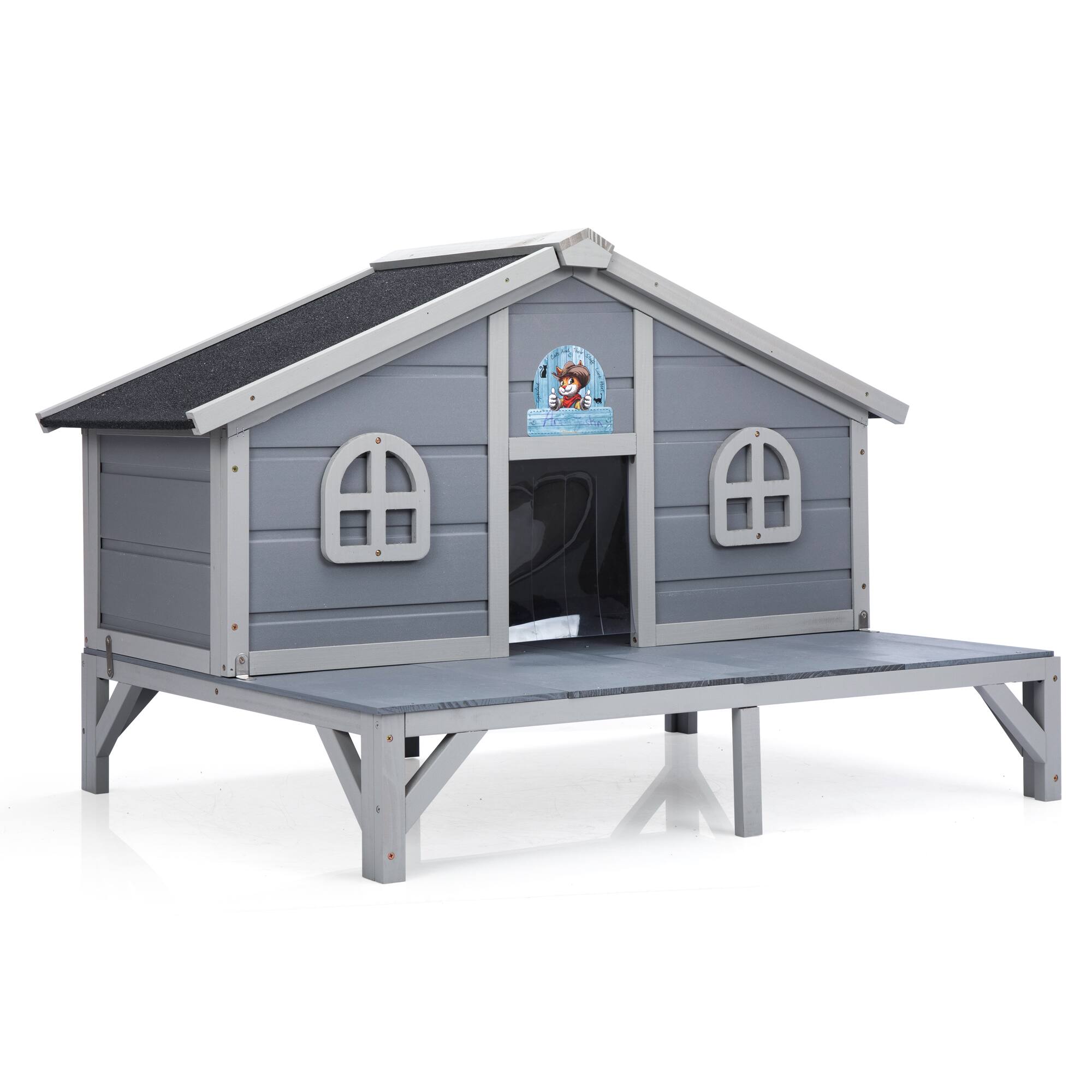 Left. Siljoy - All Weather Cat House, Indoor Outdoor Catio with Fringe Curtains, Lockable Doors, Gray Cozy Cat Shelter.