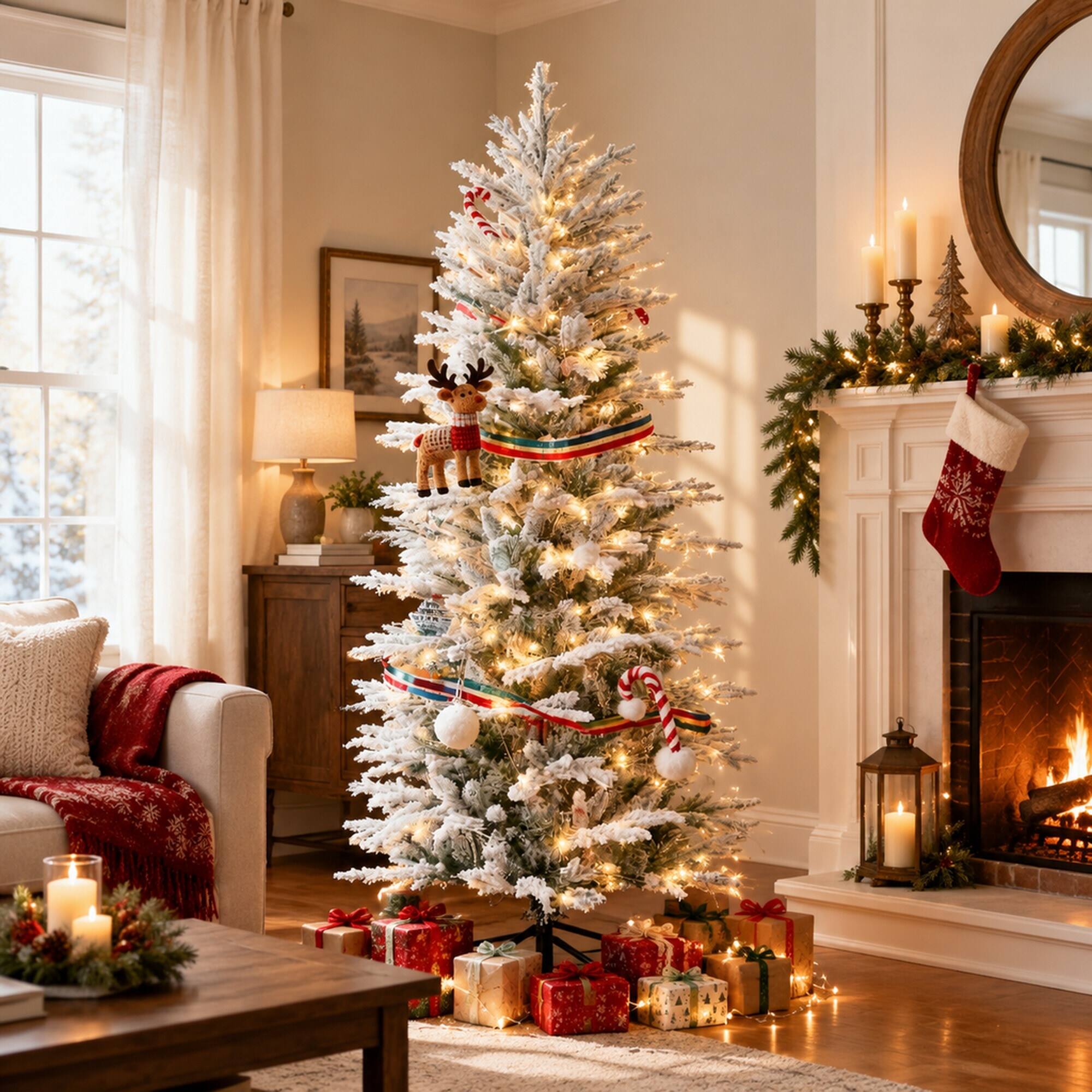 Angle. RYHNUYNE - Artificial Flocked Christmas Tree With Snow Branches, Warm Yellow Clear Lights Auto Open Hinged Holiday Decor - Green.