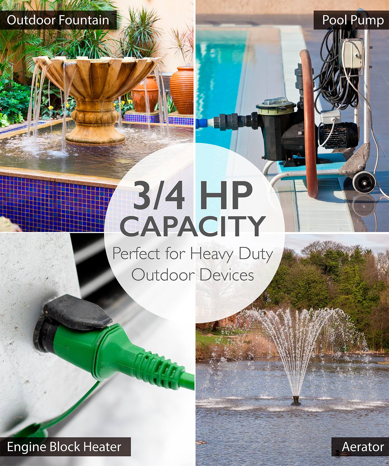 Outdoor Fountain, Pool Pump, Engine Block Heater, Aerator, 3/4 HP CAPACITY, Perfect for Heavy Duty Outdoor Devices