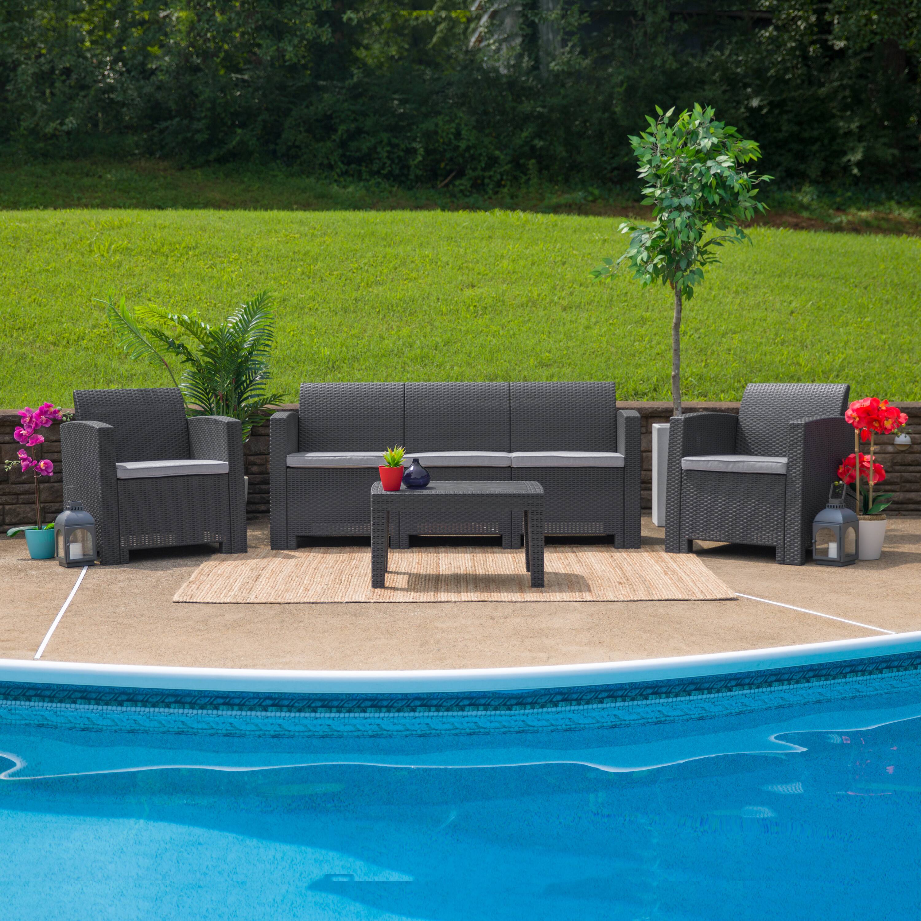 Alt View 1. Emma + Oliver - Faux Rattan Sofa with All-Weather Cushions - Dark Gray.