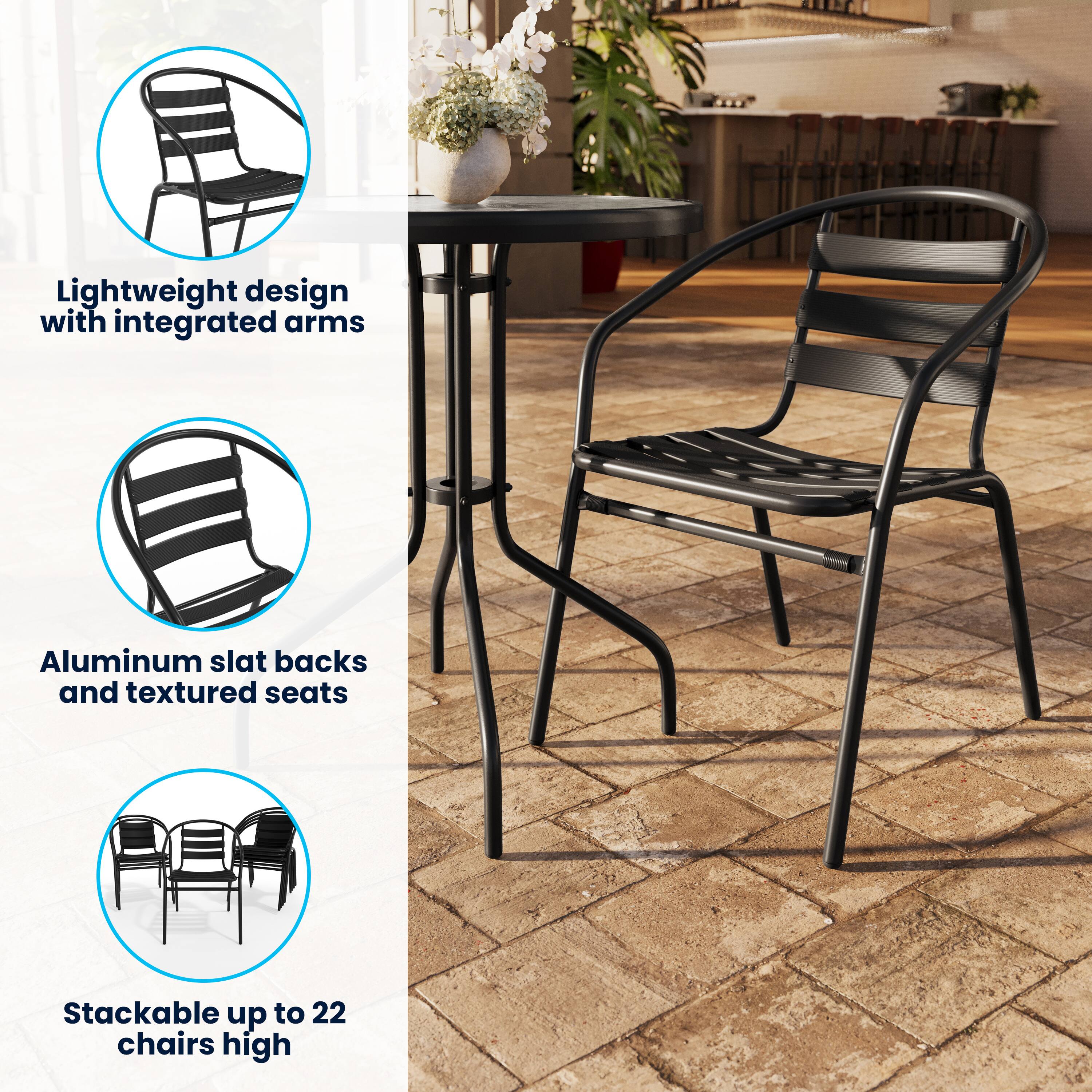 Lightweight design with integrated arms  
Aluminum slat backs and textured seats  
Stackable up to 22 chairs high
