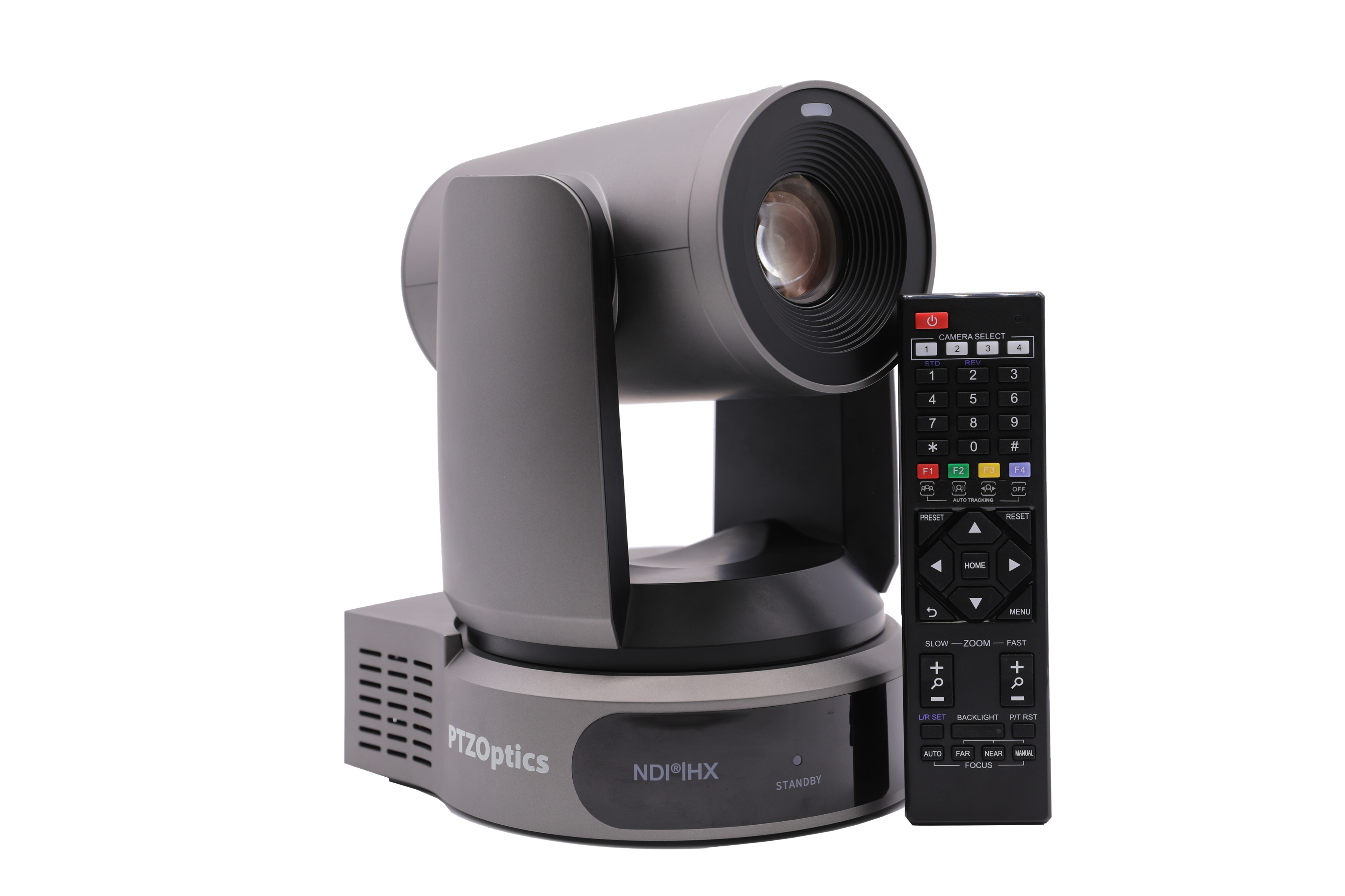 CAMERA SELECT  
1 2 3 4  
STO 1 DEV 2 3 4 5 6 7 8 9 * 0 #  
F1 F2 F1 24  
I R & - O OFF  
PRoSS RESET HOME MENU  
PTZOptics NDIIHX  
STANDBY  
SLOW ZOOM FAST  
+ + +a +Q1 m  
GE BACKLIGHT PI aSE AUTO FAR NEAR  
FOCUS