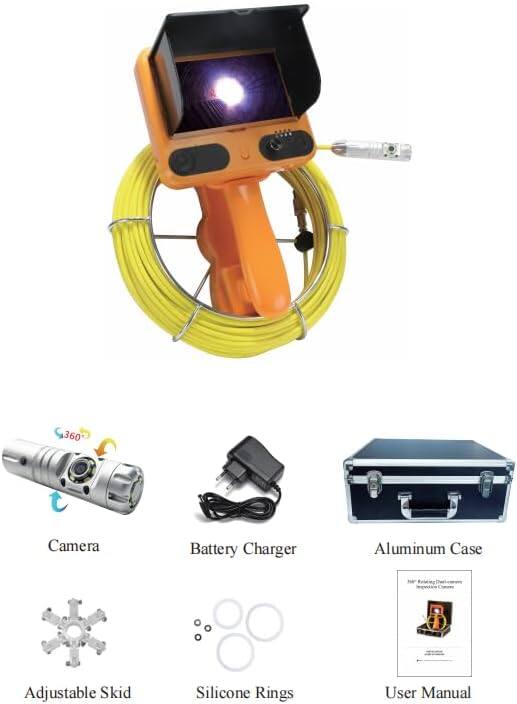 Angle. Aukfa - Sewer Camera with 360° Dual-Camera - 7" HD Screen, IP68, 6 LED Lights, 100FT 6MM Cable, 16GB.