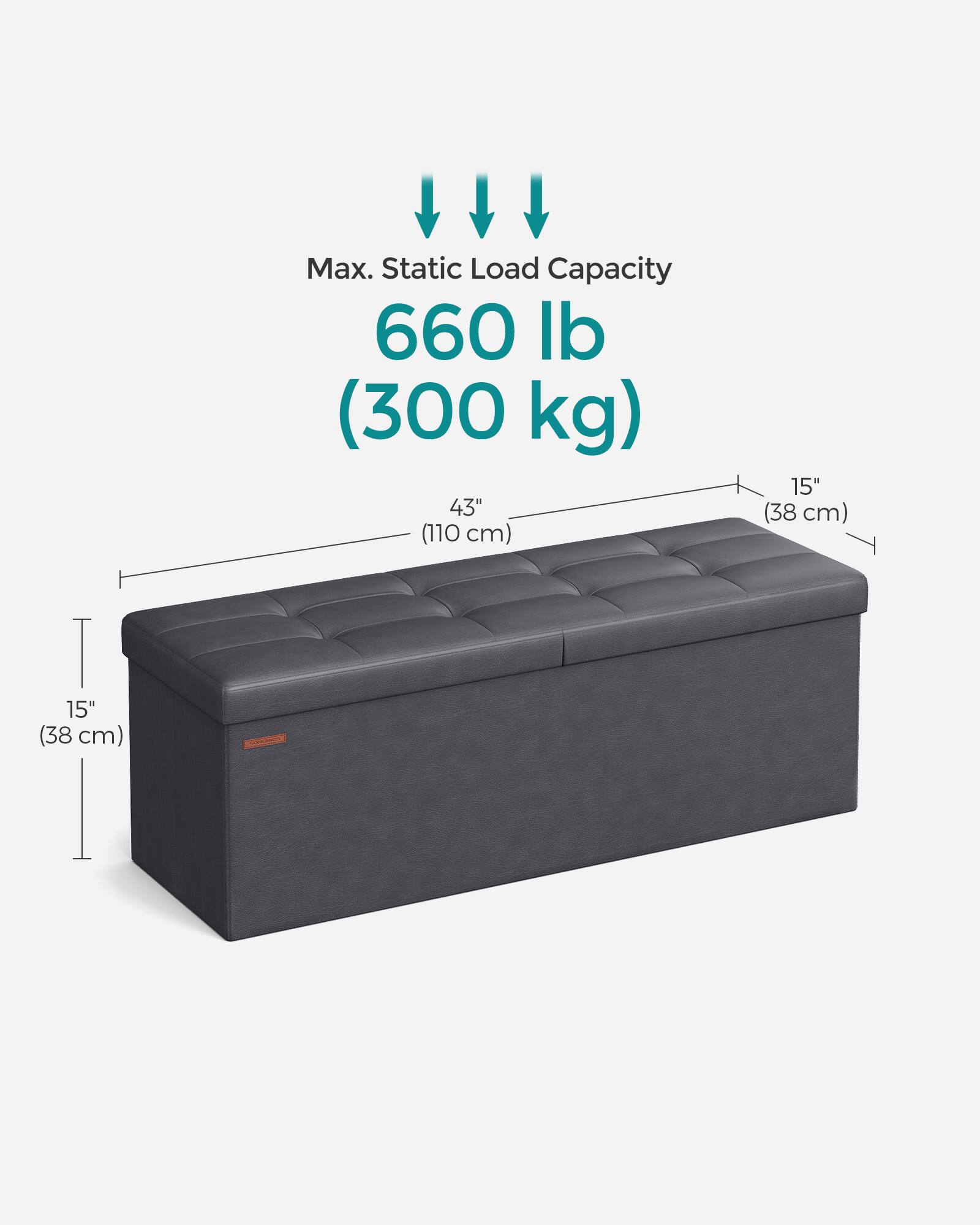 Max. Static Load Capacity: 660 lb (300 kg)  
Dimensions: 43" (110 cm) x 15" (38 cm) x 15" (38 cm)