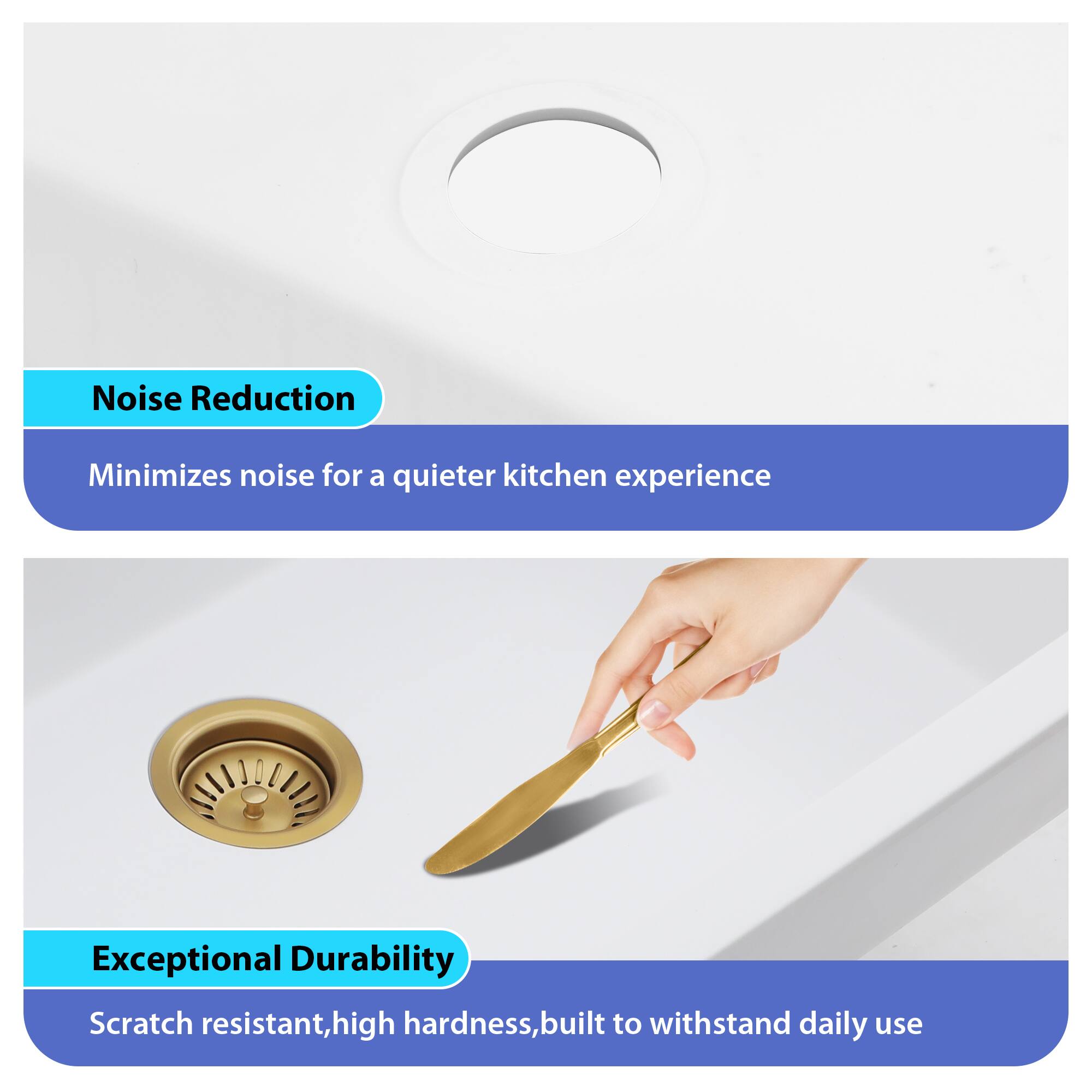 Noise Reduction  
Minimizes noise for a quieter kitchen experience  

Exceptional Durability  
Scratch resistant, high hardness, built to withstand daily use