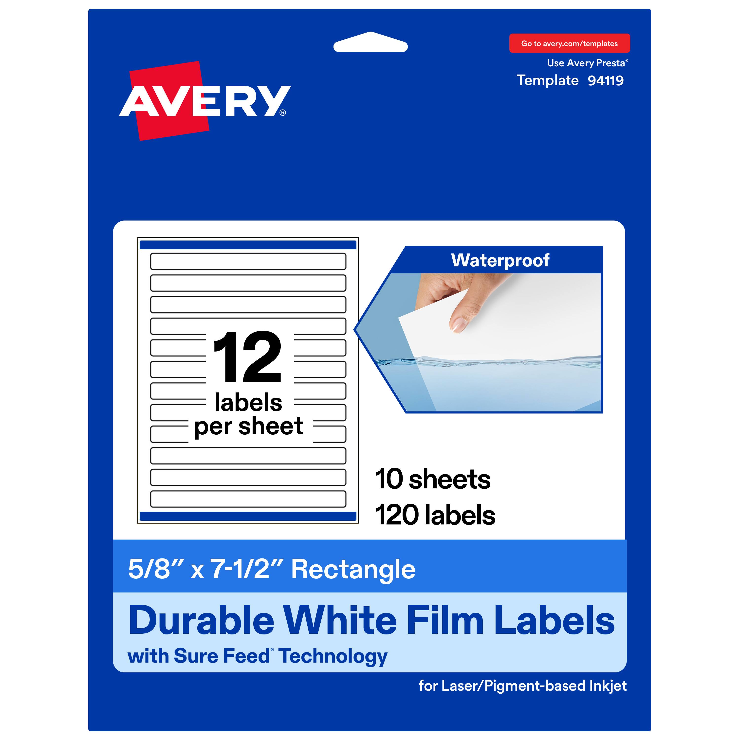 Go to avery.com/templates  
Use Avery Presta™ Template 94119  

Waterproof  
12 labels per sheet  
10 sheets  
120 labels  

5/8" x 7-1/2" Rectangle  
Durable White Film Labels with Sure Feed™ Technology for Laser/Pigment-based Inkjet