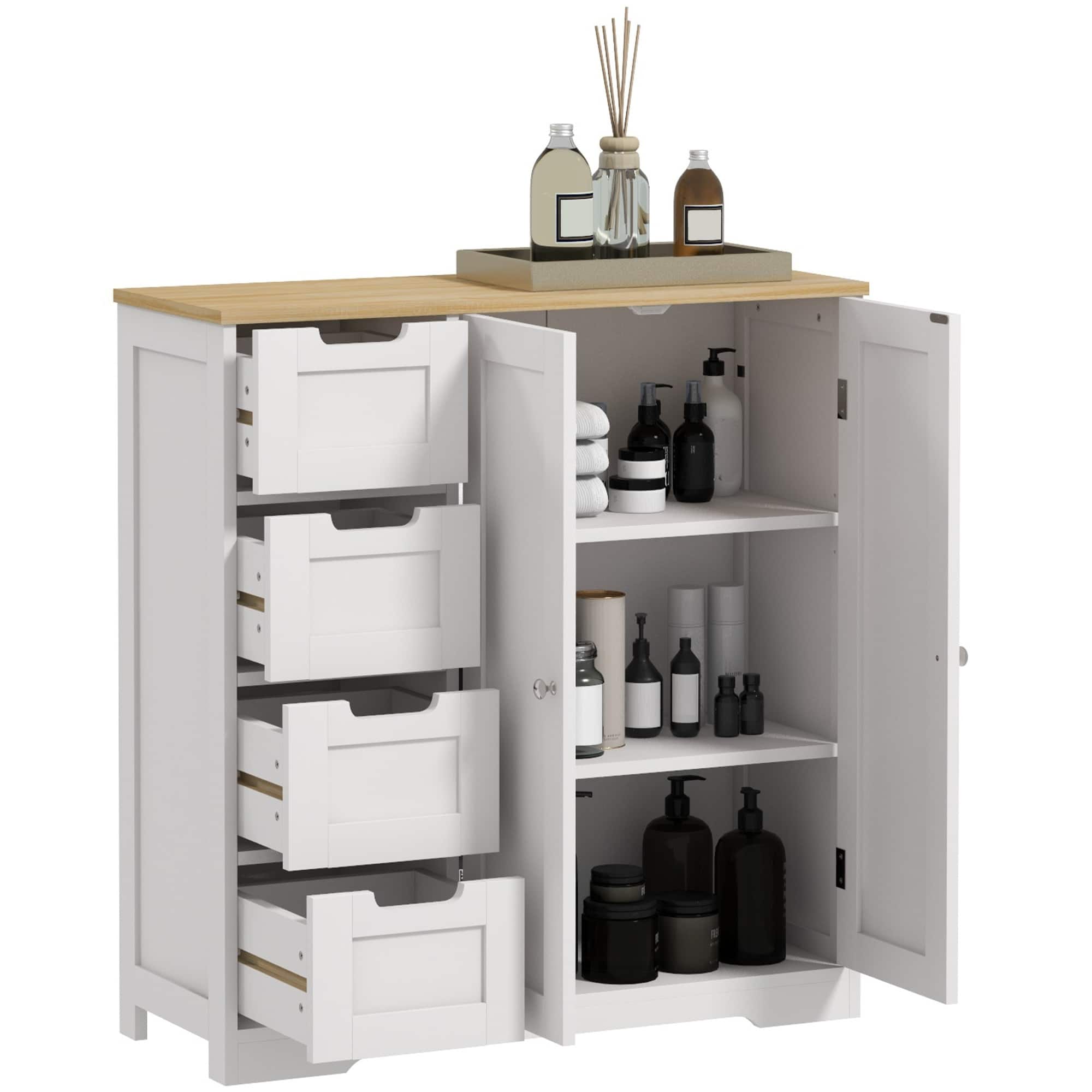 Homcom - Bathroom Floor Cabinet with Adjustable Shelf, Freestanding Storage with 4 Drawers and 2 Doors​ - White