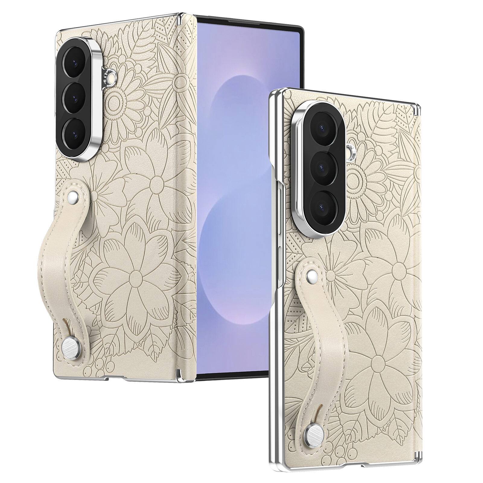 Angle. Dteck - Shockproof Case for Samsung Galaxy Z Fold8 Ultra with Wristband, Floral Leather Texture Rigid Plastic Hinge Phone Cover - Apricot.