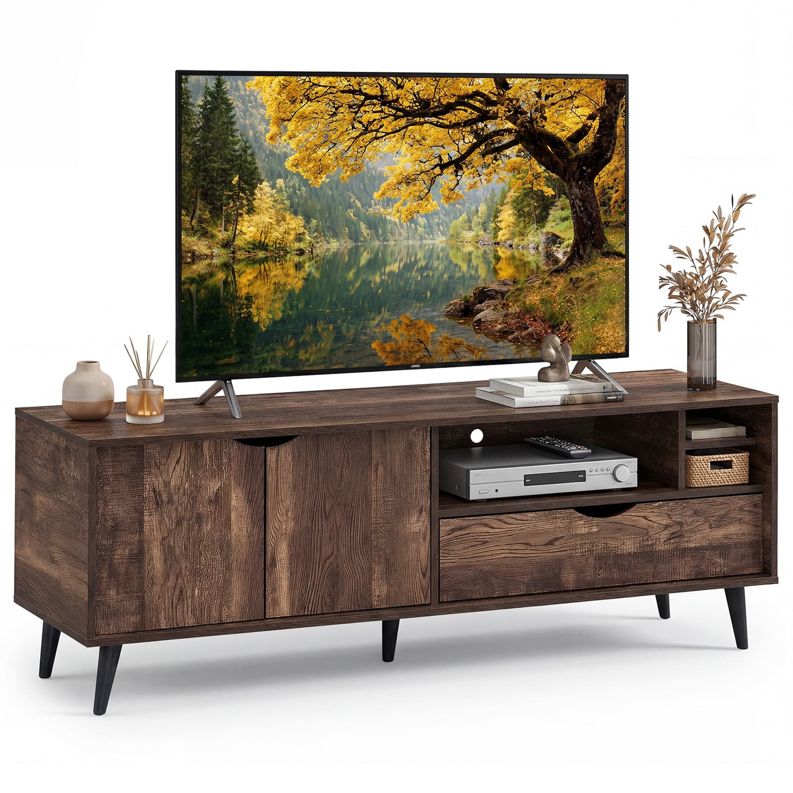 Costway - TV Stand for TVs up to 65 Inches, Entertainment Center with Storage Cabinet, Drawer - Brown