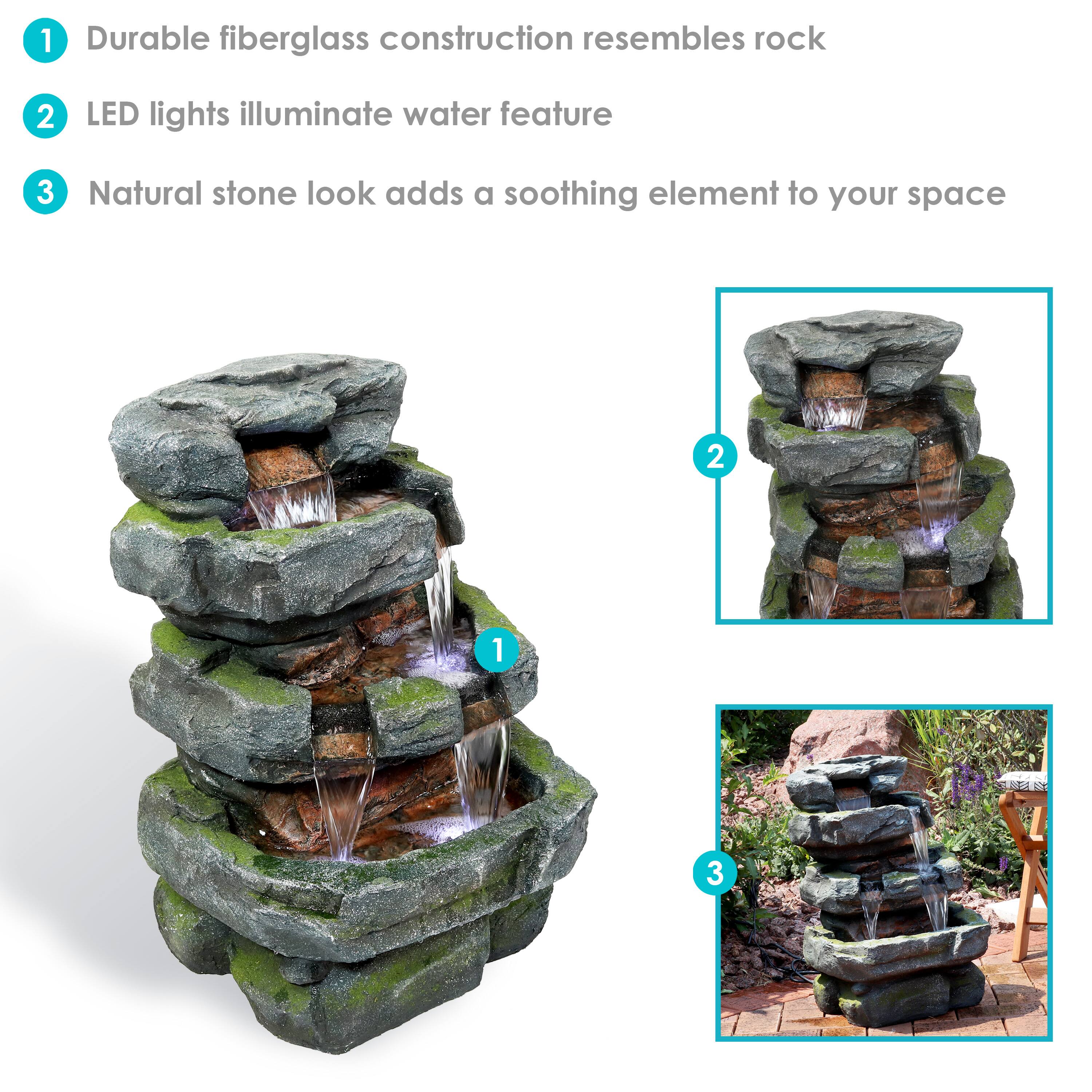 1. Durable fiberglass construction resembles rock
2. LED lights illuminate water feature
3. Natural stone look adds a soothing element to your space