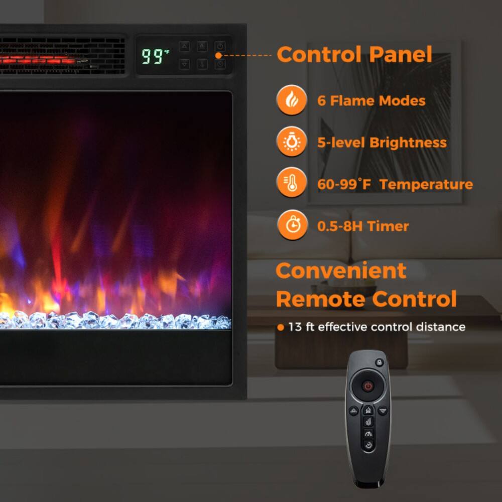 - Control Panel
- 6 Flame Modes
- 5-level Brightness
- 60-99°F Temperature
- 0.5-8H Timer
- Convenient Remote Control
- 13 ft effective control distance