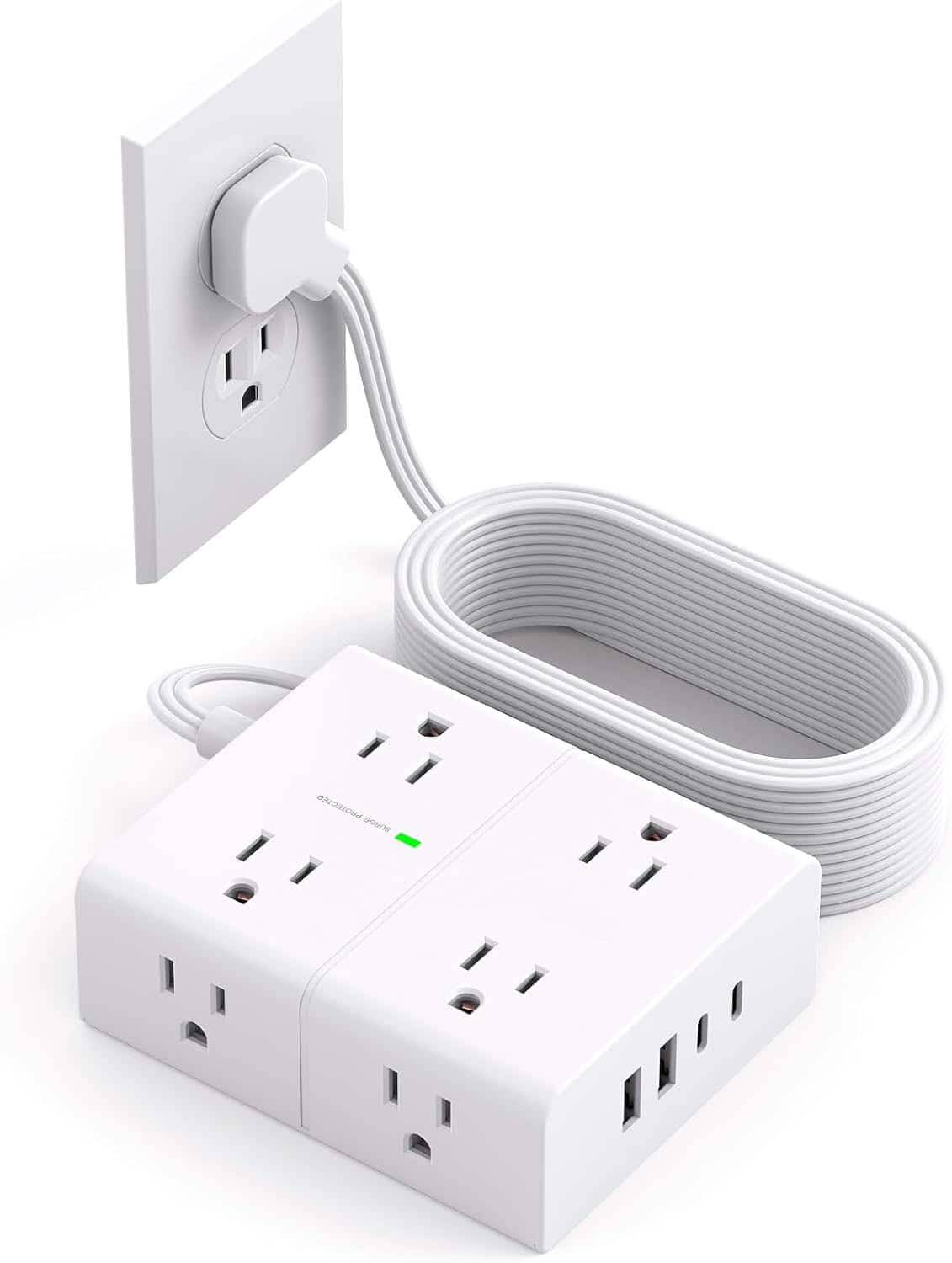 FINEAK - 10Ft Extension Cord with Multiple Outlets, 8 Outlets & 4 USB Ports (2 USB C) - White