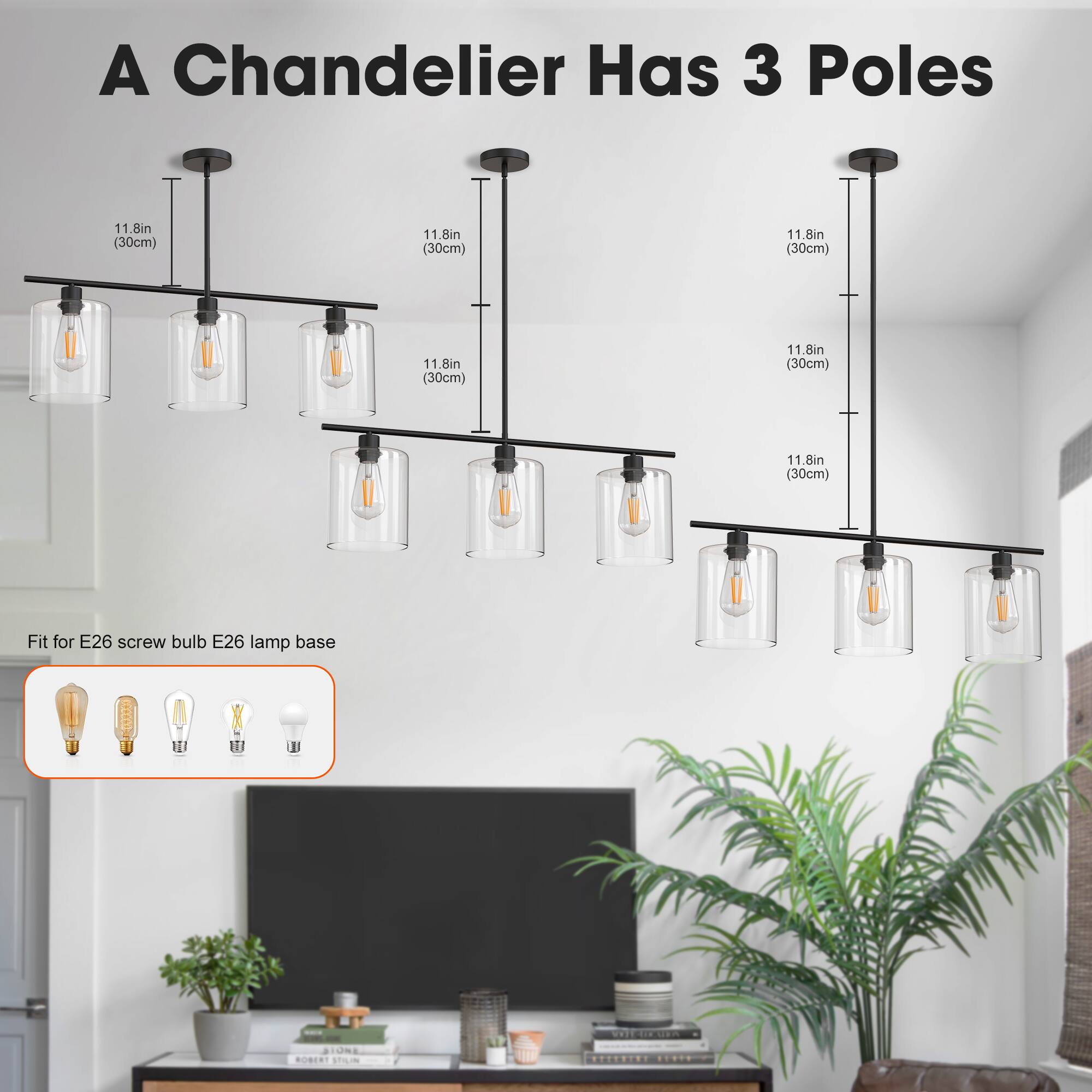 A Chandelier Has 3 Poles

11.8in (30cm)
11.8in (30cm)
11.8in (30cm)
11.8in (30cm)
11.8in (30cm)
11.8in (30cm)

Fit for E26 screw bulb E26 lamp base