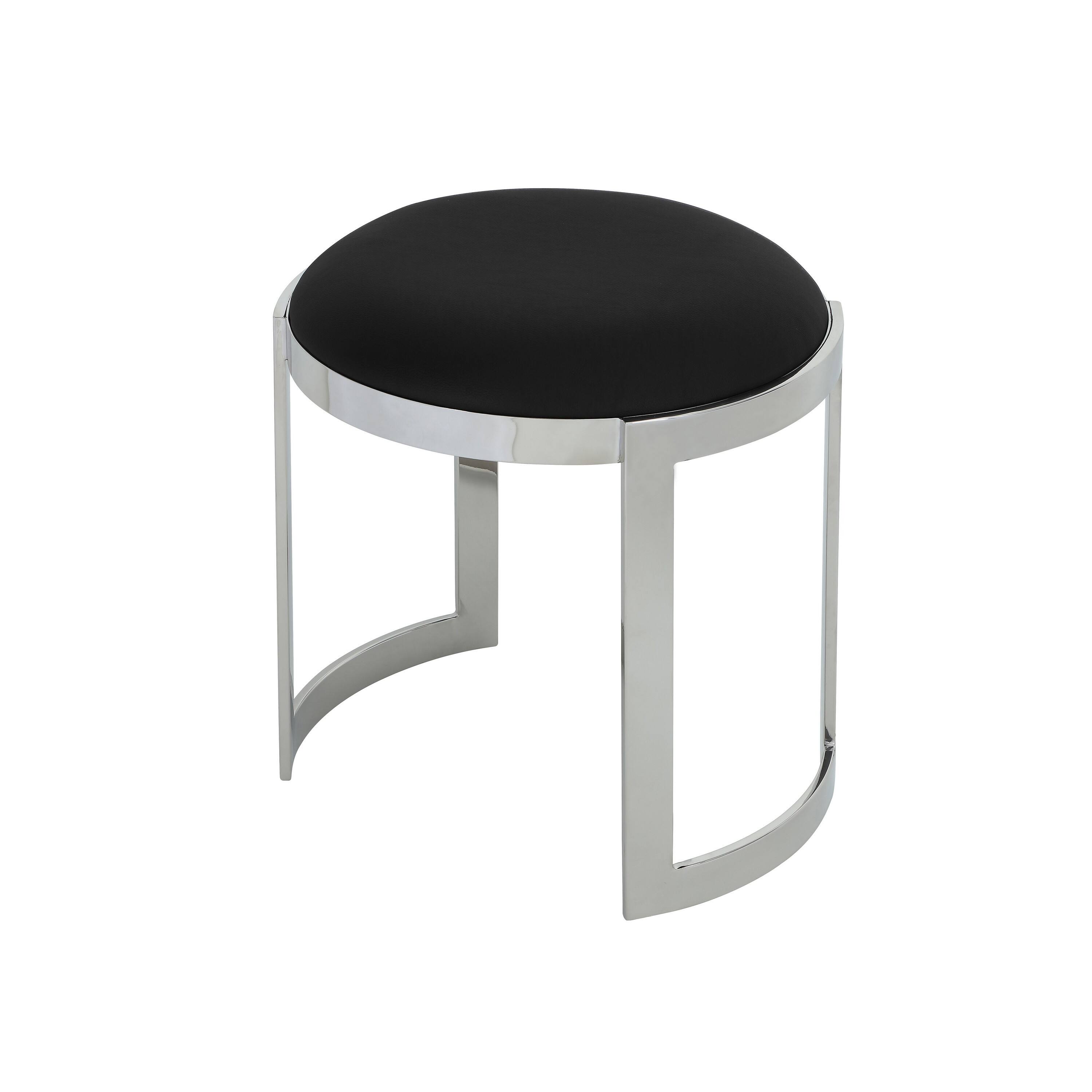 Left. Manhattan Lane - 19 Inch Accent Stool Ottoman Ottoman, Round Black Faux Leather, Silver - Black, Silver.