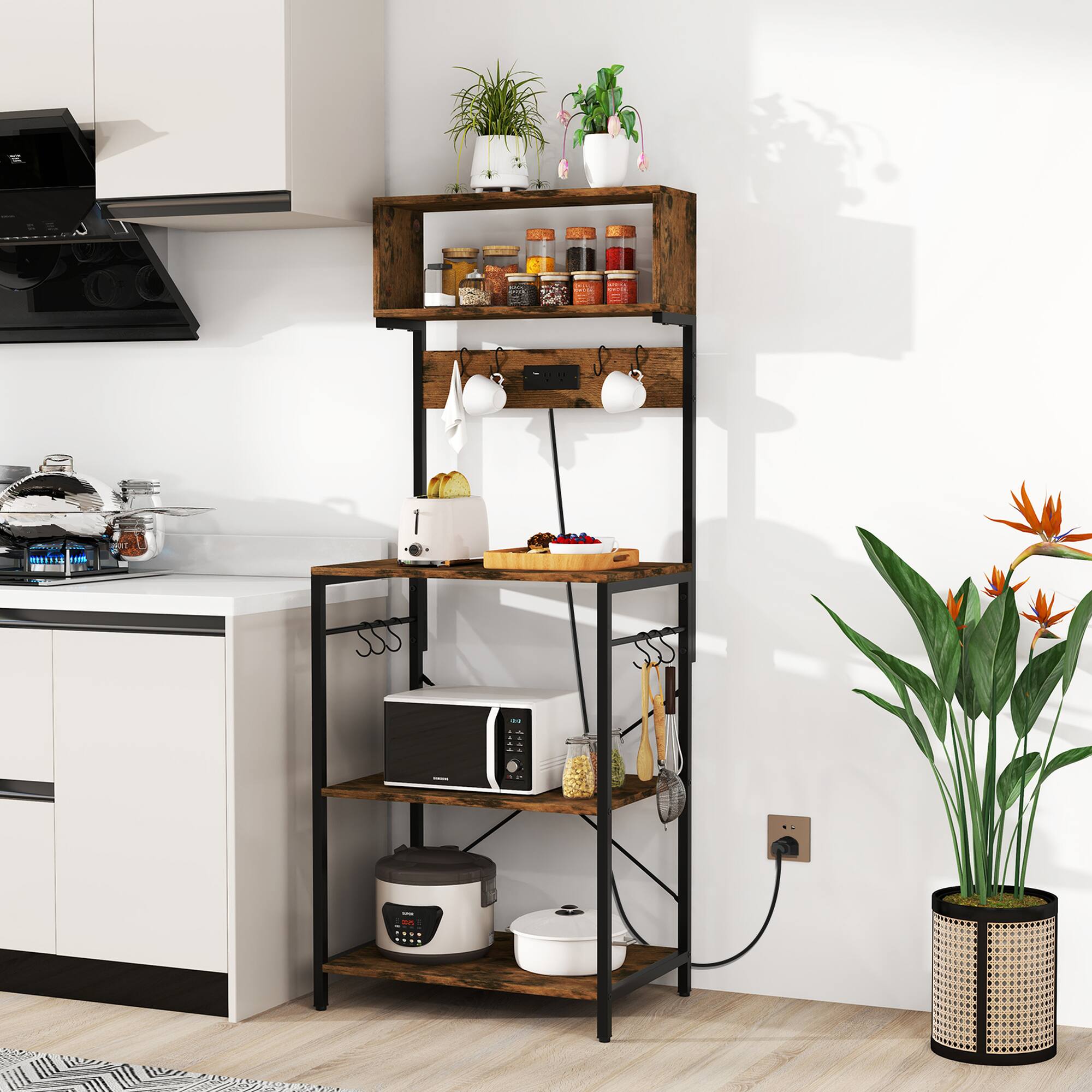 Alt View 3. Costway - Costway Kitchen Bakers Rack 5-Tier Coffee Bar Station with Power Outlet Storage Hutch Open Shelves - Rustic Brown.