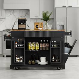 Forest'nSky - Fluted Rolling Kitchen Island with Trash Can Cabinet, Power Outlet, 3 Drawers & Open Side Racks for 10-Gallon Bin - Black