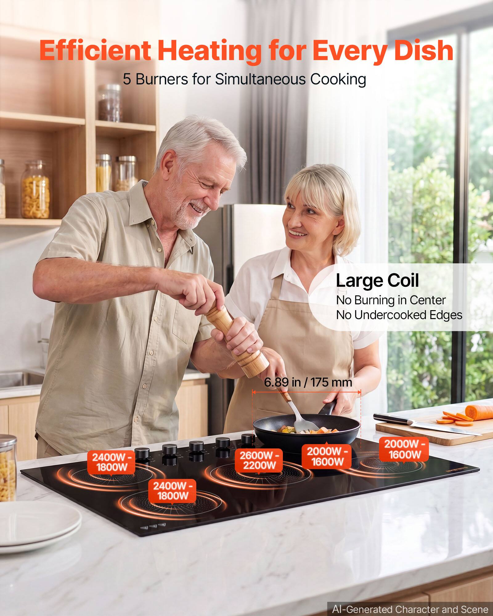 Efficient Heating for Every Dish  
5 Burners for Simultaneous Cooking  

Large Coil  
No Burning in Center  
No Undercooked Edges  

6.89 in / 175 mm  

2400W - 1800W  
2600W - 2200W  
2000W - 1600W  
2000W - 1600W  
2400W - 1800W  

AI-Generated Character and Scene