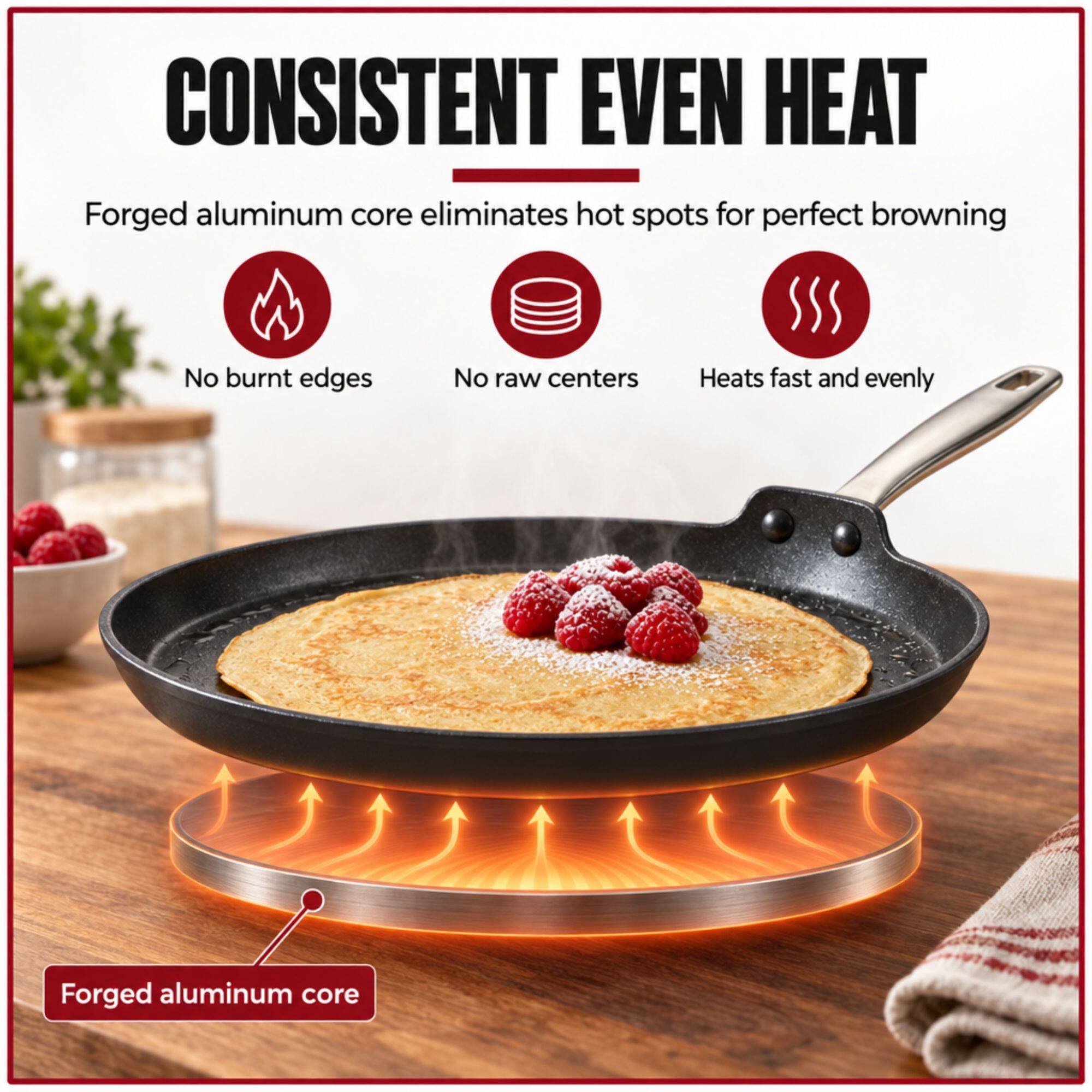 CONSISTENT EVEN HEAT  
Forged aluminum core eliminates hot spots for perfect browning  
No burnt edges  
No raw centers  
Heats fast and evenly  
Forged aluminum core