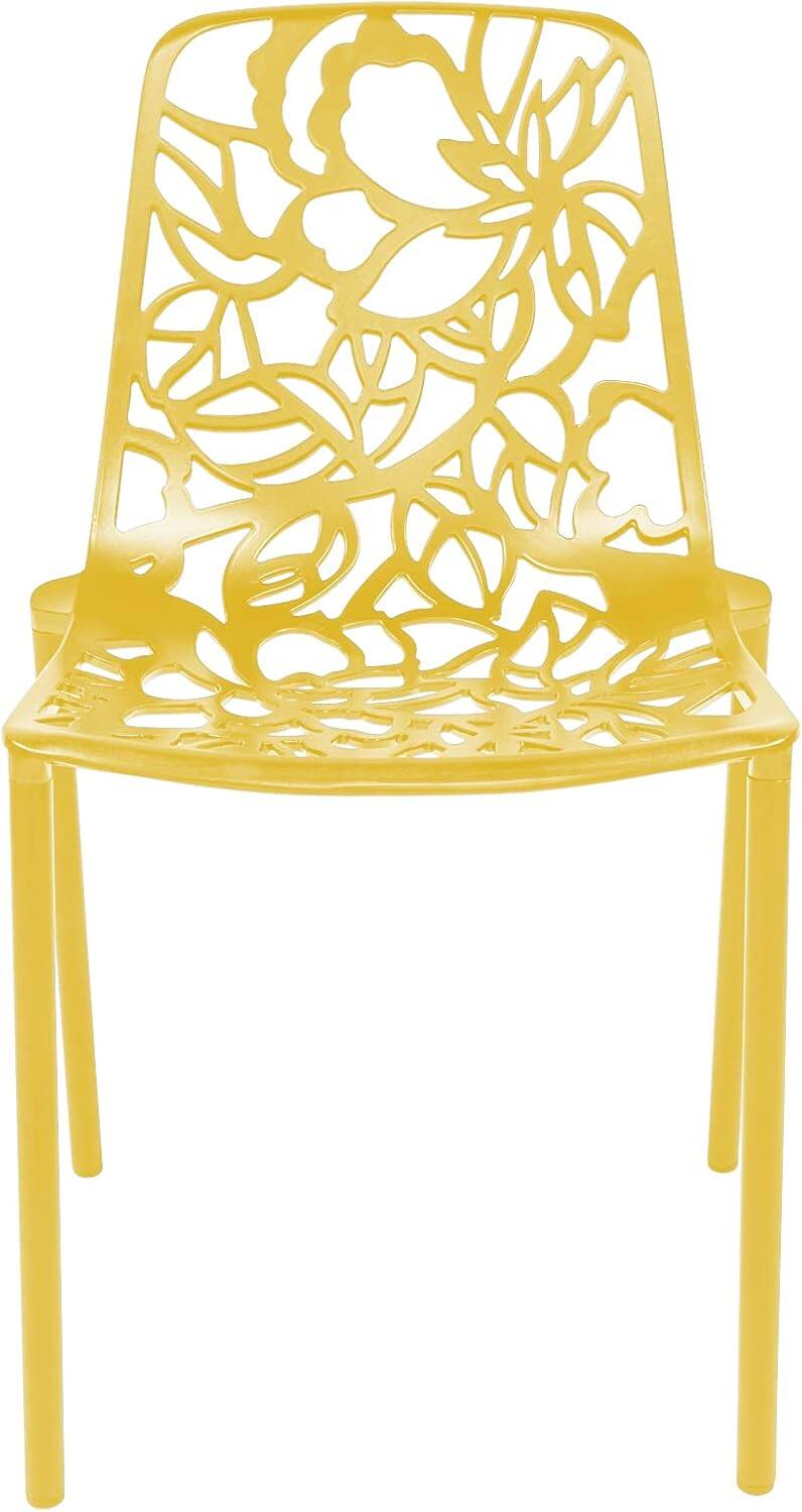 Left. LeisureMod - Devon (Set of 4) Modern Floral Stackable Aluminum Chair - Weather Resistant Indoor/Outdoor Dining Chair - Yellow.