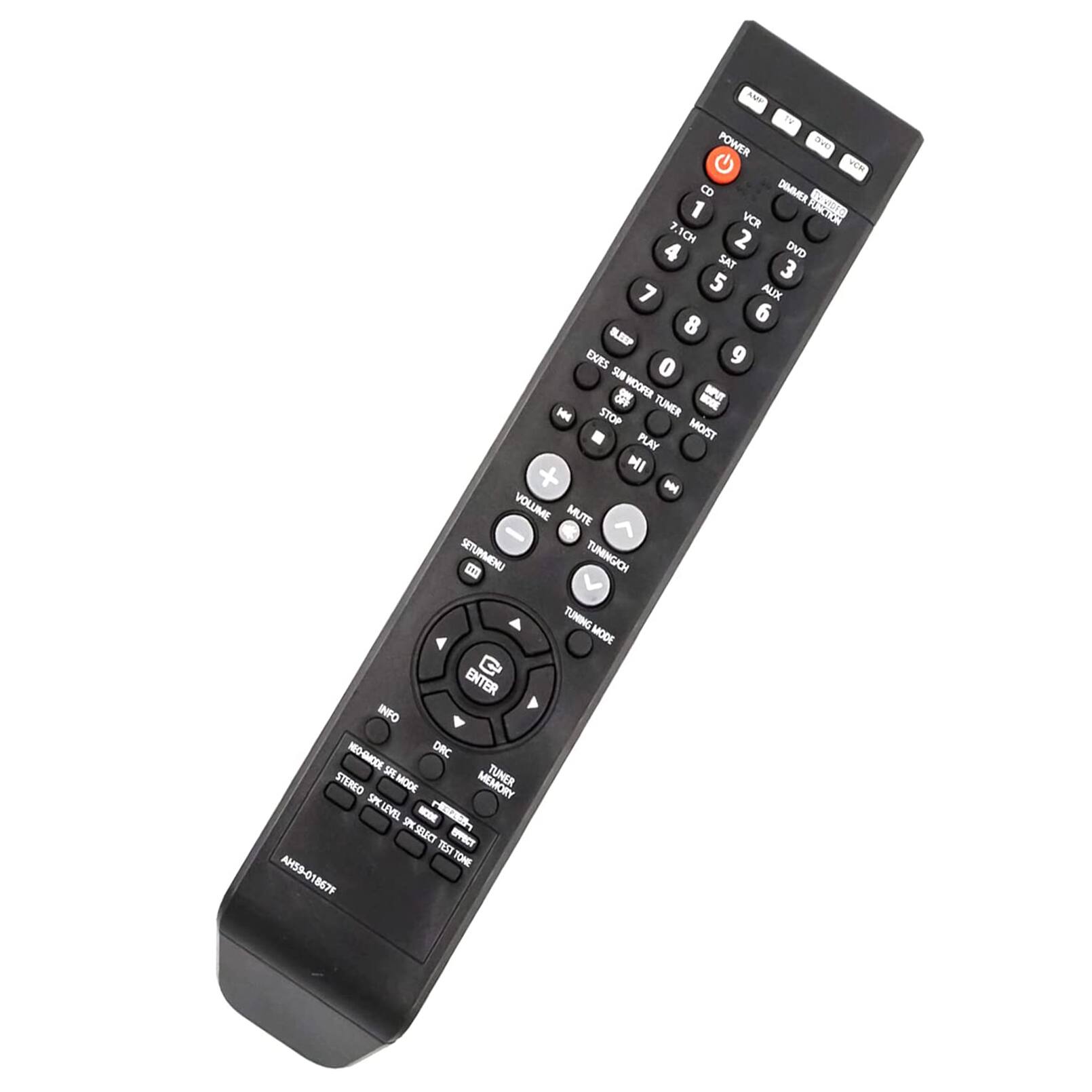 ANC Tw POWER Sk VICA 8 Ds  
1 VCR 7.1CH 2 4 DVD SAT 3 7 5 AUX 6 BEP 8 EXES 9 SUR 0 8 WOOFER MVT  
STOP TUNER PLAY MOIST MI - VOLUME MUTE SETURIMENU  
OMMUT TUNING MODE ENTER INFO MO-MCDE DRC SPE MODE S TUNER STEREO MEMORY SPELEVEL - 8 S SEUICE -CT TEST TOHE AH59-01867F