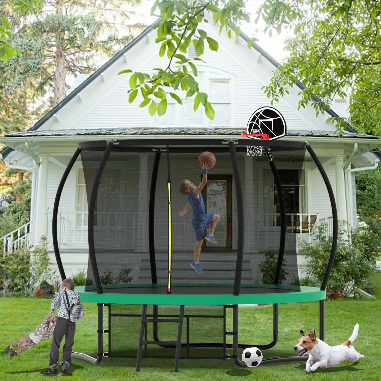 Aukfa - 12FT Kids Trampoline with Safety Enclosure Net & Ladder - Outdoor Recreational Trampoline for Children