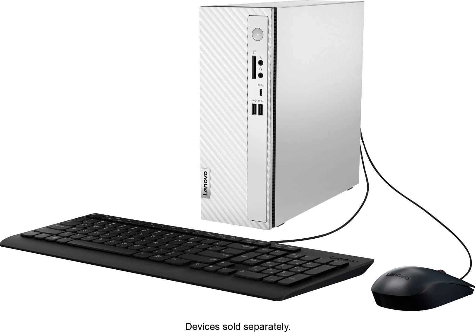 Lenovo is the brand of the computer in the image. The keyboard and mouse are not included with the computer and must be purchased separately.