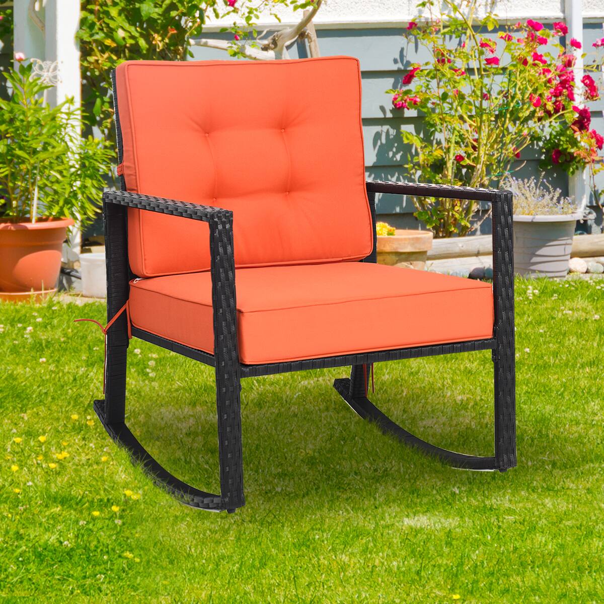 Alt View 2. Gymax - Gymax Outdoor Wicker Rocking Chair Patio Lawn Rattan Single Chair Glider w/ Cushion - Black, Orange.