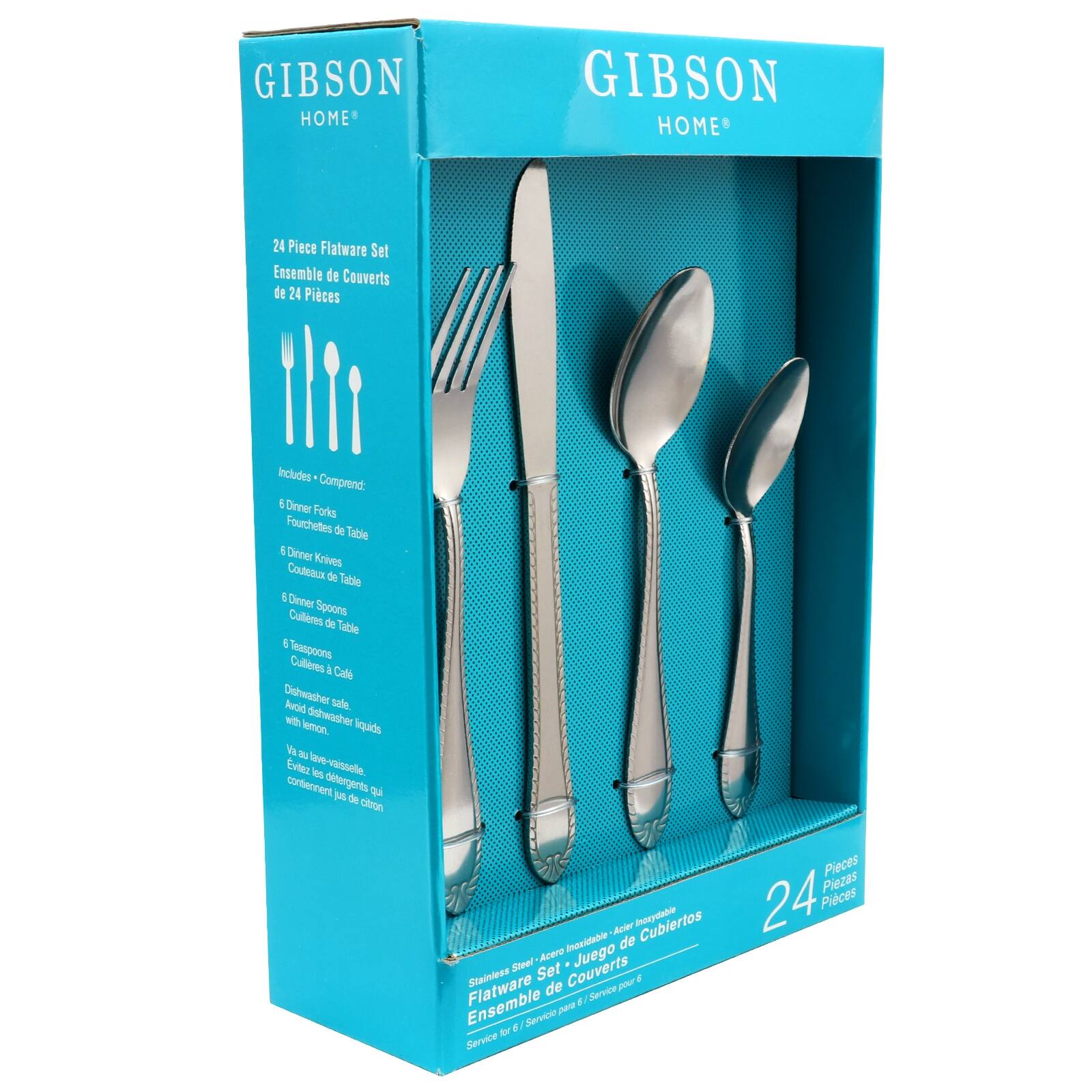 GIBSON HOME GIBSON HOME 24 Piece Flatware Set Ensemble de Couverts de 24 Pices Includes Comprend: 6 Dinner Forks Fourchettes de Table 6 Dinner Knives Couleaux de Table 6 Dinner Spoons Cullres de Table 6 Teaspoons Cullres à Café Dishwasher safe. Avoir lave-vaissale. contient la citron. Pieces Piezas 24 Pices Inxyvlabi Cubiertos Acer Iopuridlable de Steel-Acero Acero Juego Steel Set Couverts Flatware Stainiess de pour F / Service Ensemble Servc pe fr F Service