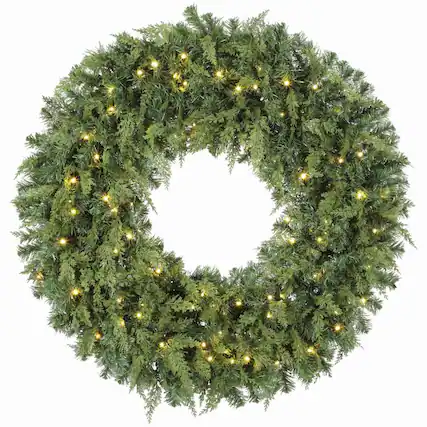 Front. PULUZ - 36 inch Prelit Crestwood Spruce Artificial Christmas Wreath, Christmas Decor with Bow, LEDs, 8 Modes, Realistic Tips - Green.