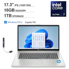 HP - 17 AI Laptop 17.3 HD+ (Intel Ultra 7-255U, 16GB DDR5, 1TB PCIe SSD, Intel Graphics, Win 11 Pro) w/USB Hub - Natural Silver