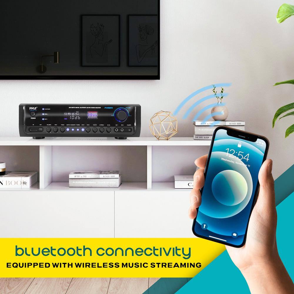 PYLE - Bluetooth Connectivity  
EQUIPPED WITH WIRELESS MUSIC STREAMING  

Wednesday 12:54 November 11  
12:54  
Wednesday, November 11  

bluetooth connectivity  
EQUIPPED WITH WIRELESS MUSIC STREAMING