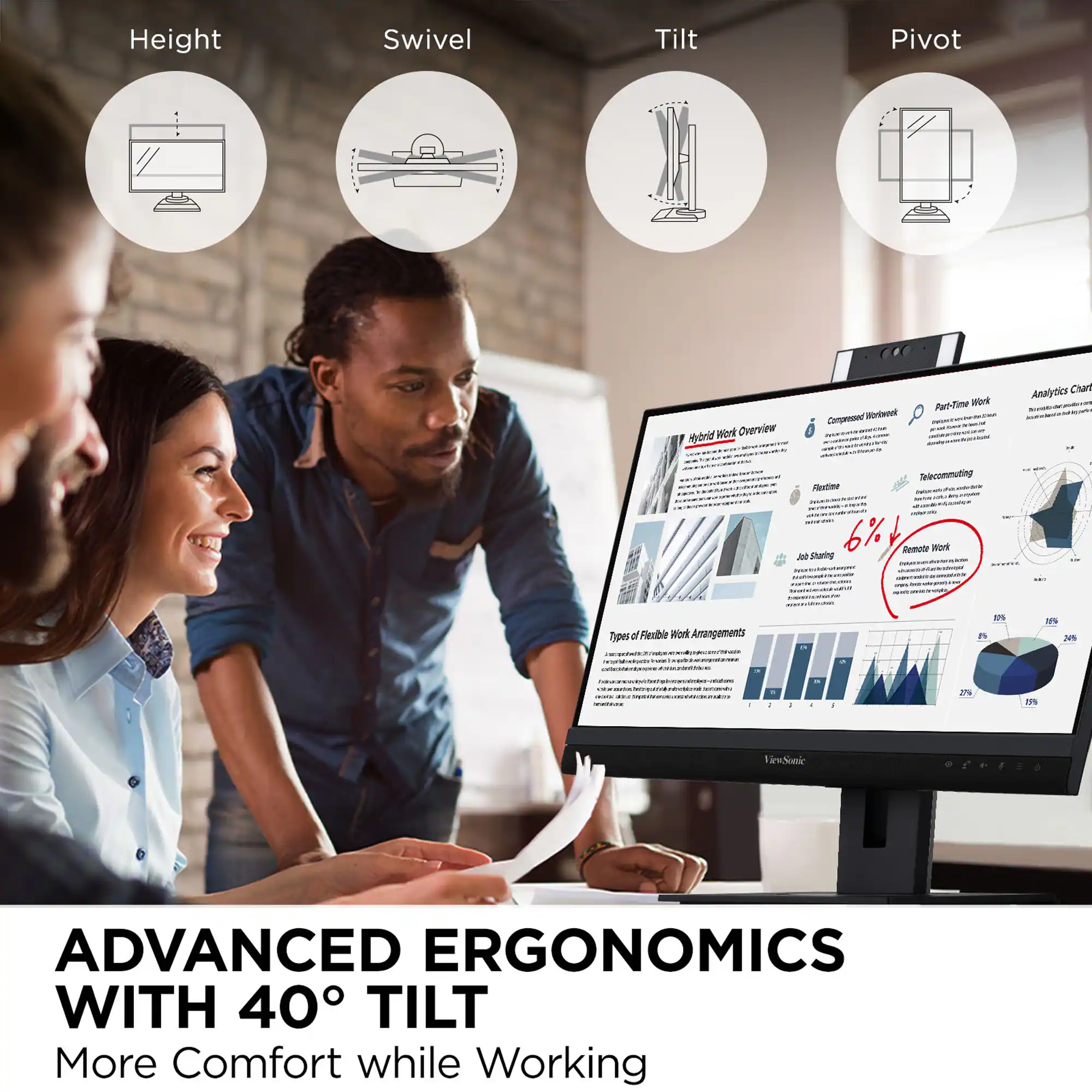 The text on the image is grouped and corrected as follows:

Title: Advanced Ergonomics with 40 Tilt

Overview: Hadrie Copenou Wriw Part-Time Wonk Analytics Char Telecommuding Ratine 6% Semute HIE a sturing Types d of Rizbia Work Amangements 37% IFs Am... 2 In Kindonk

Advanced Ergonomics with 40 Tilt: More Comfort while Working