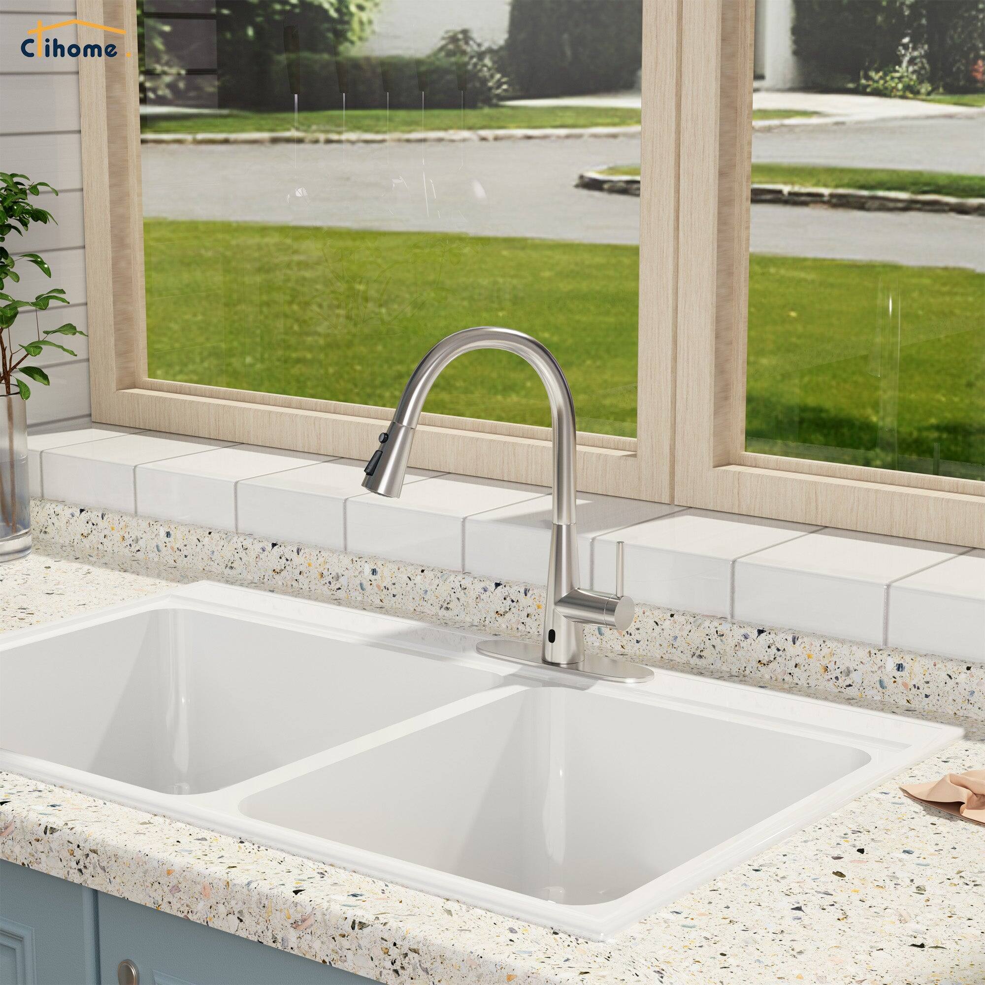 Alt View 4. Boyel Living - 3-Spray Patterns Single Handle Touchless Pull Down Sprayer Kitchen Faucet with Deckplate Included in Brushed Nickel - Brushed Nickel.