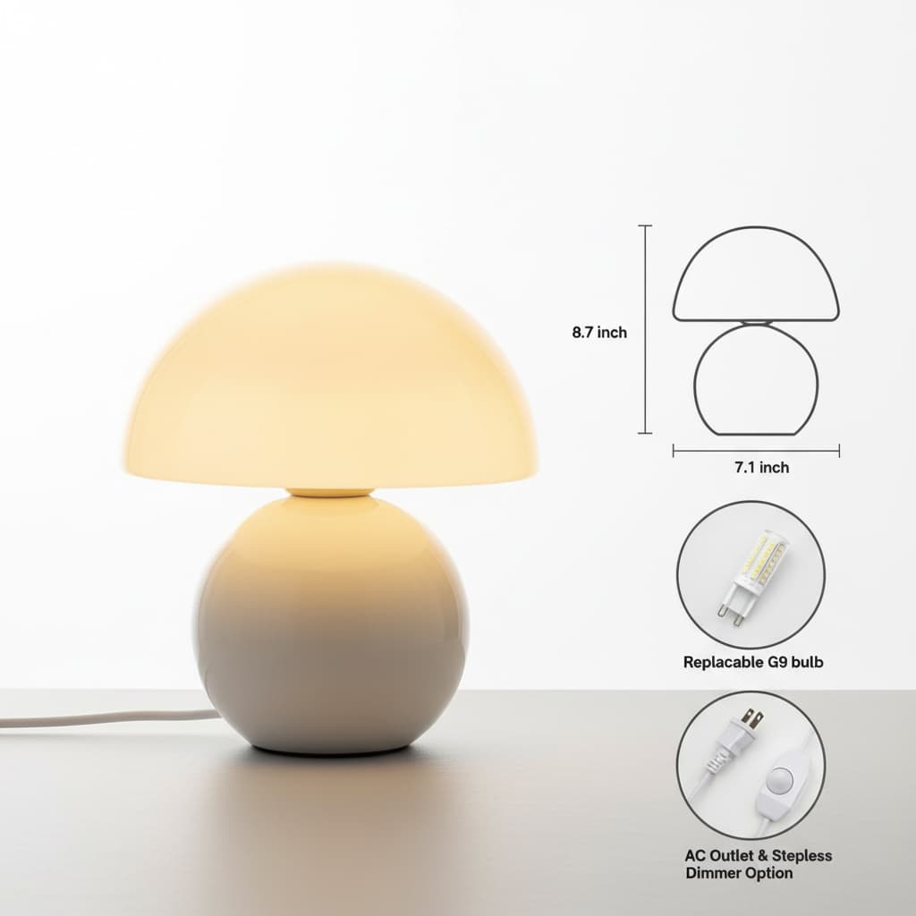 8.7 inch  
6 7.1 inch  
Replacable G9 bulb  
AC Outlet & Stepless Dimmer Option