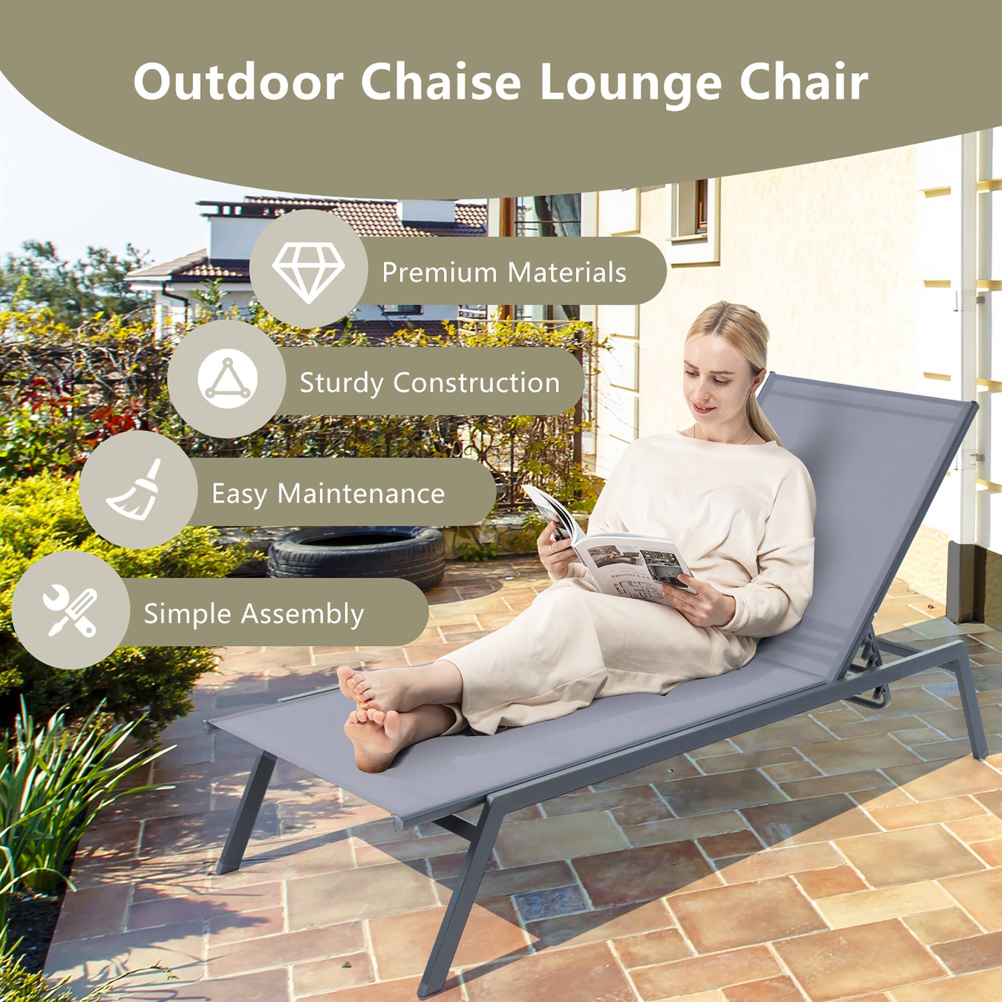 Outdoor Chaise Lounge Chair

- Premium Materials
- Sturdy Construction
- Easy Maintenance
- Simple Assembly