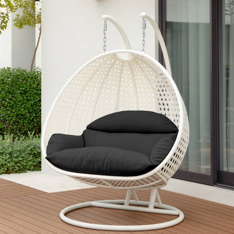 Angle. LeisureMod - Leisuremod Modern 2-Person Outdoor Egg Swing White Wicker Chair with Stand, Plush Washable Cushions & Waterproof Cover - Black.