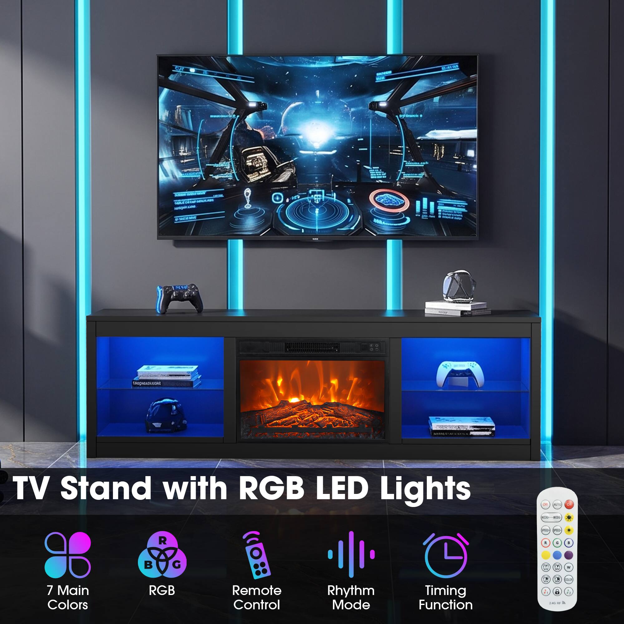 TV Stand with RGB LED Lights

- 7 Main Colors
- RGB
- Remote Control
- Rhythm Mode
- Timing Function
