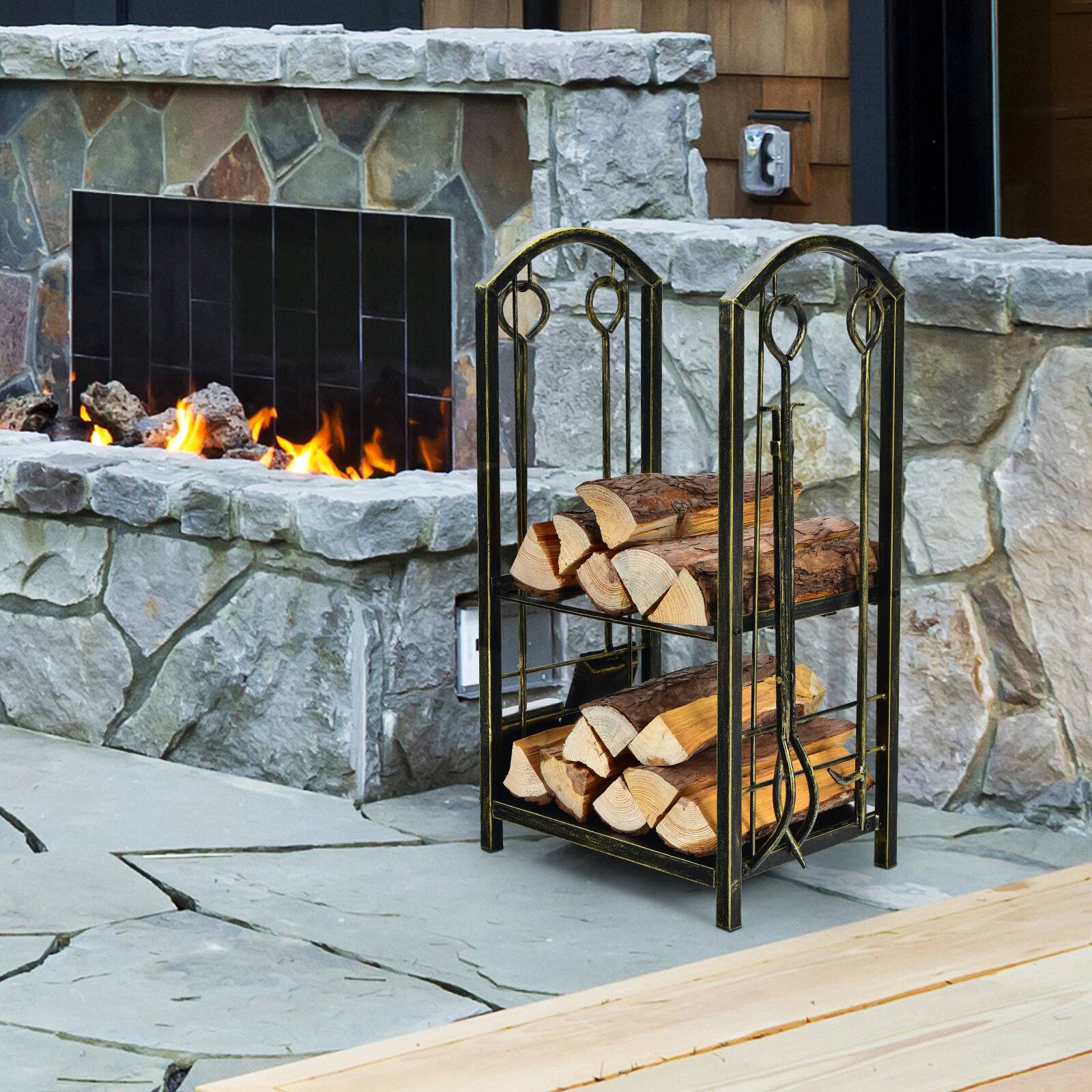 Alt View 6. SKONYON - Wrought Iron Firewood Log Rack with Fireplace Tool Set and Dual Storage Shelves - Black.