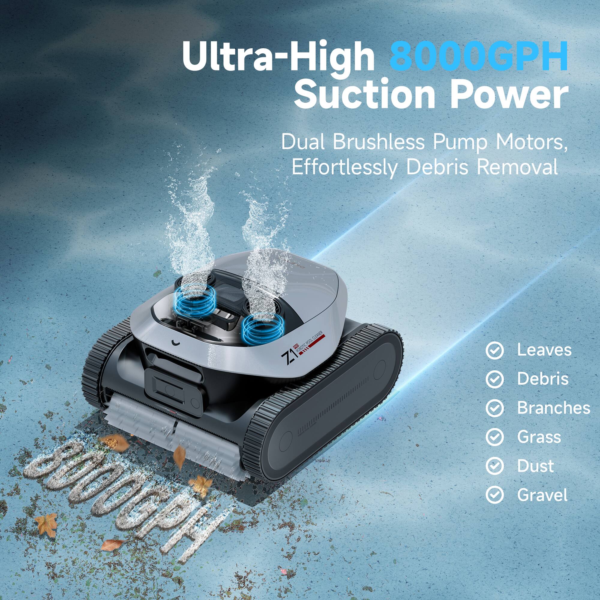 Ultra-High 8000GPH Suction Power, Dual Brushless Pump Motors, Effortlessly Debris Removal, CEM O Z1 8000G, Leaves, Debris, Branches, Grass, Dust, Gravel