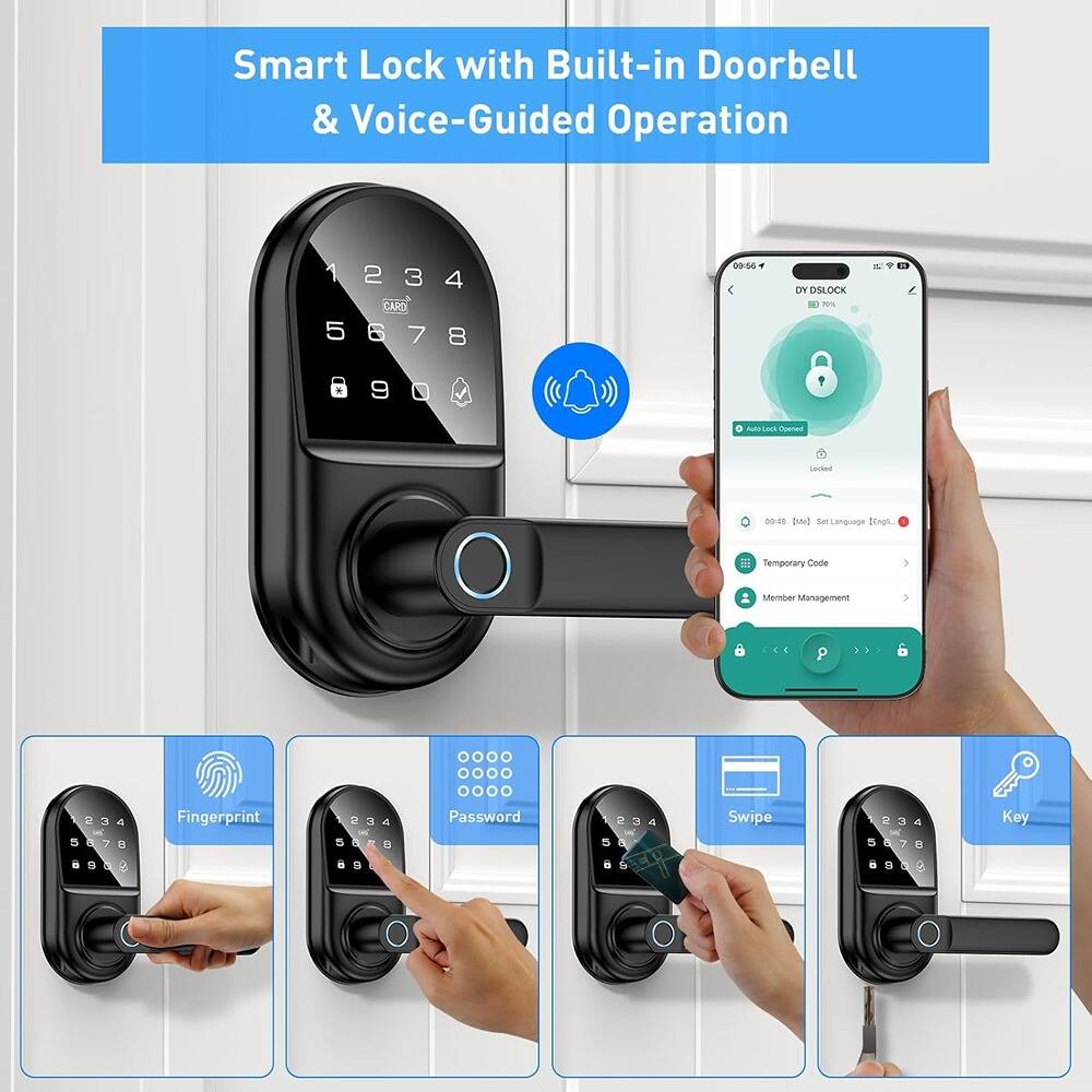 Smart Lock with Built-in Doorbell & Voice-Guided Operation

- Fingerprint
- Password
- Swipe
- Key

Temporary Code
Member Management

Auto Lock Open
Locked

Set Language (English)